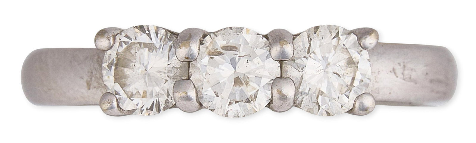 14K Past Present Future Ring: 14K white gold past, present, future ring set with three round-cut diamonds, approximately 0.33 ct each, approximately 0.99 ctw, marked "14K" Size: 6.75 Total weight: 4.5 g