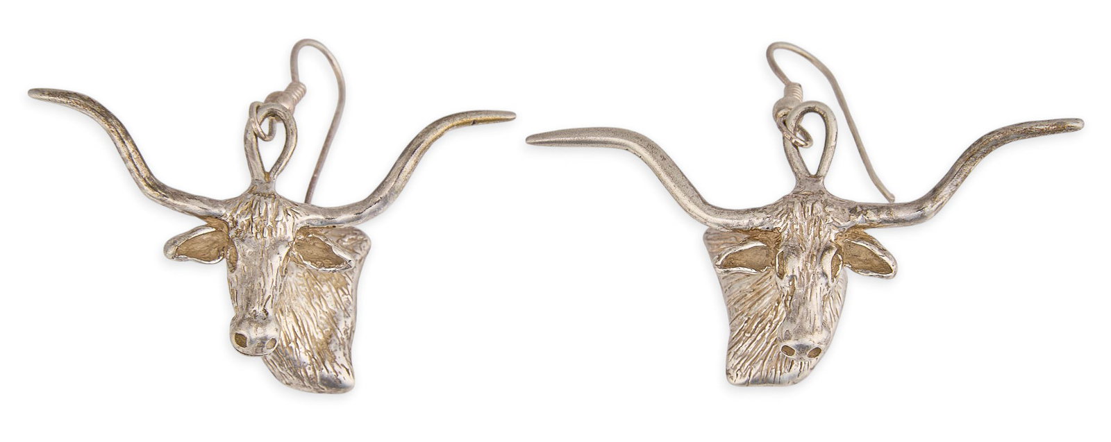 Sterling Silver Longhorn Earrings: Pair of sterling silver longhorn motif earrings Size: 1.75 in. x 2 in. / each Total weight: 0.865 ozt Provenance: Property from the personal collection of a long-time Alamo Heights, Texas antiques