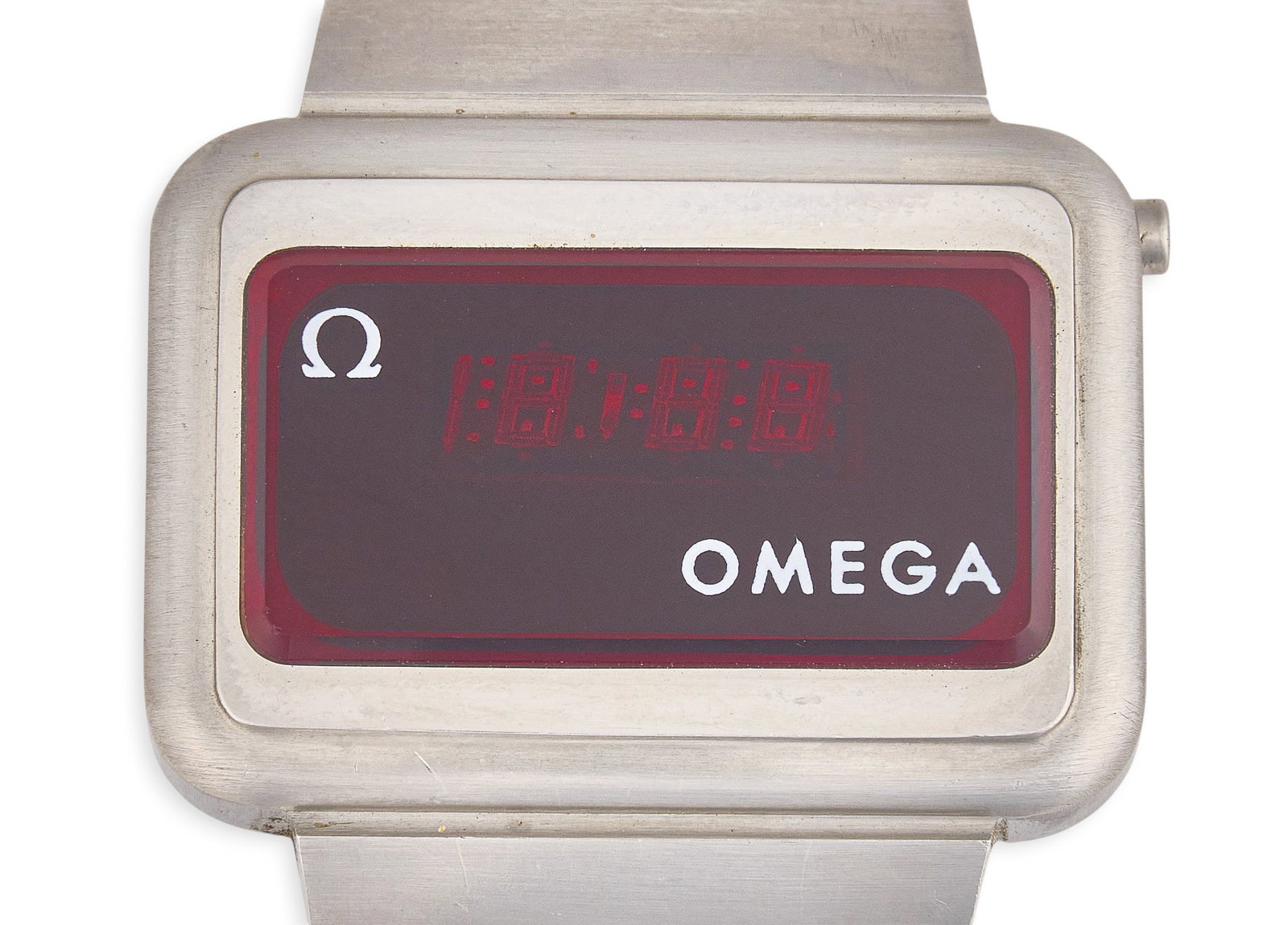 Vintage Omega Time Computer Digital Watch: Vintage Omega Time Computer digital watch with a stainless steel band and case, featuring a red digital display and the Omega logo, marked "Stainless Steel" and "Omega"