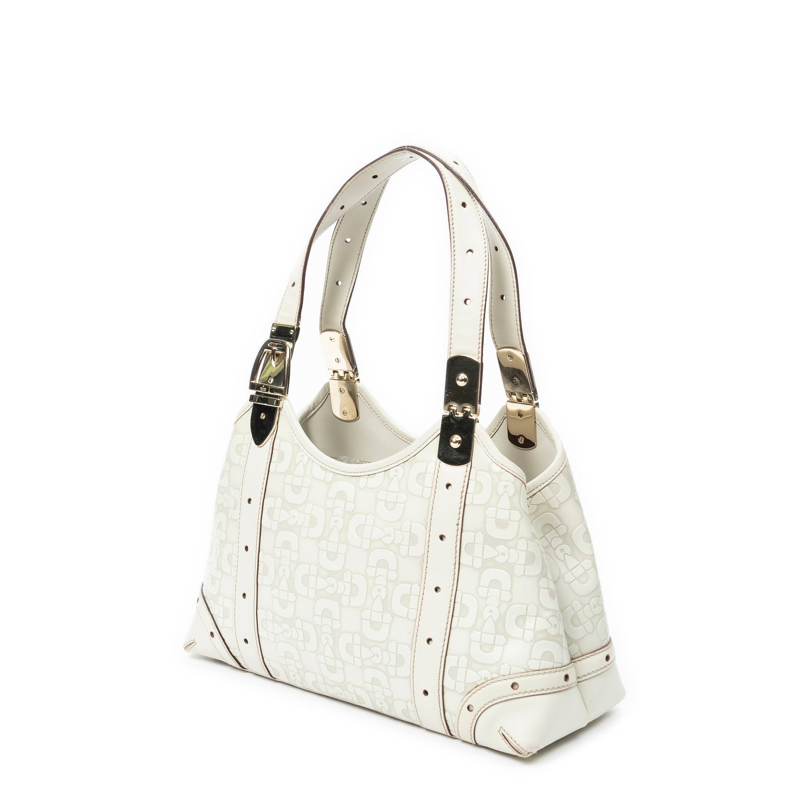 Gucci Horsebit Hobo Shoulder Bag: Gucci Horsebit Hobo shoulder bag in ivory horsebit embossed leather, gold hardware, marked 145761 002122; third-party authenticated 13 in. x 9.5 in. x 0.5 in. Condition A; excellent condition, shows