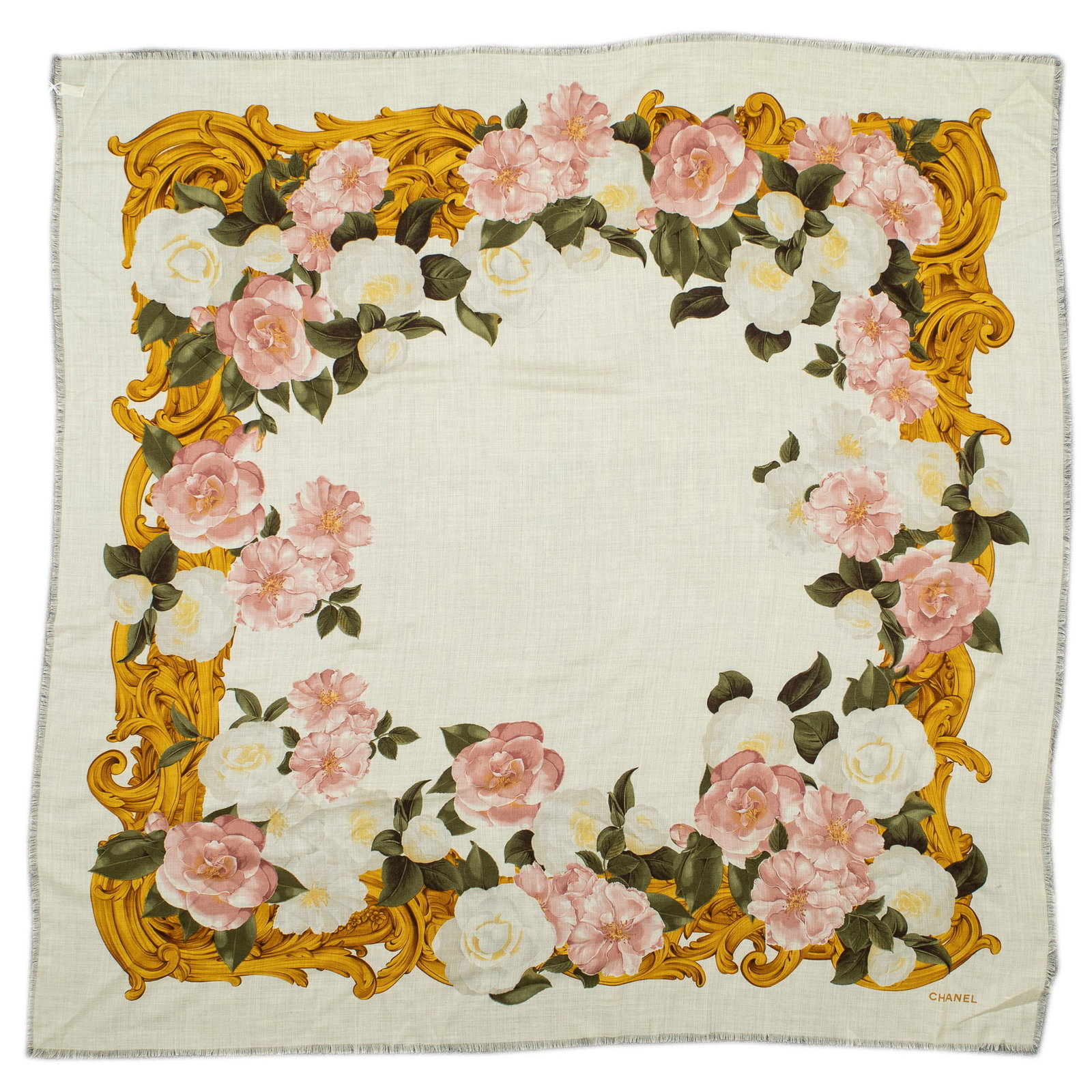 Chanel CC Flower Motif Stole Silk Scarf: Chanel stole "CC Flower Motif" silk scarf Square: 53.25 in. Condition A; excellent condition, shows little signs of wear