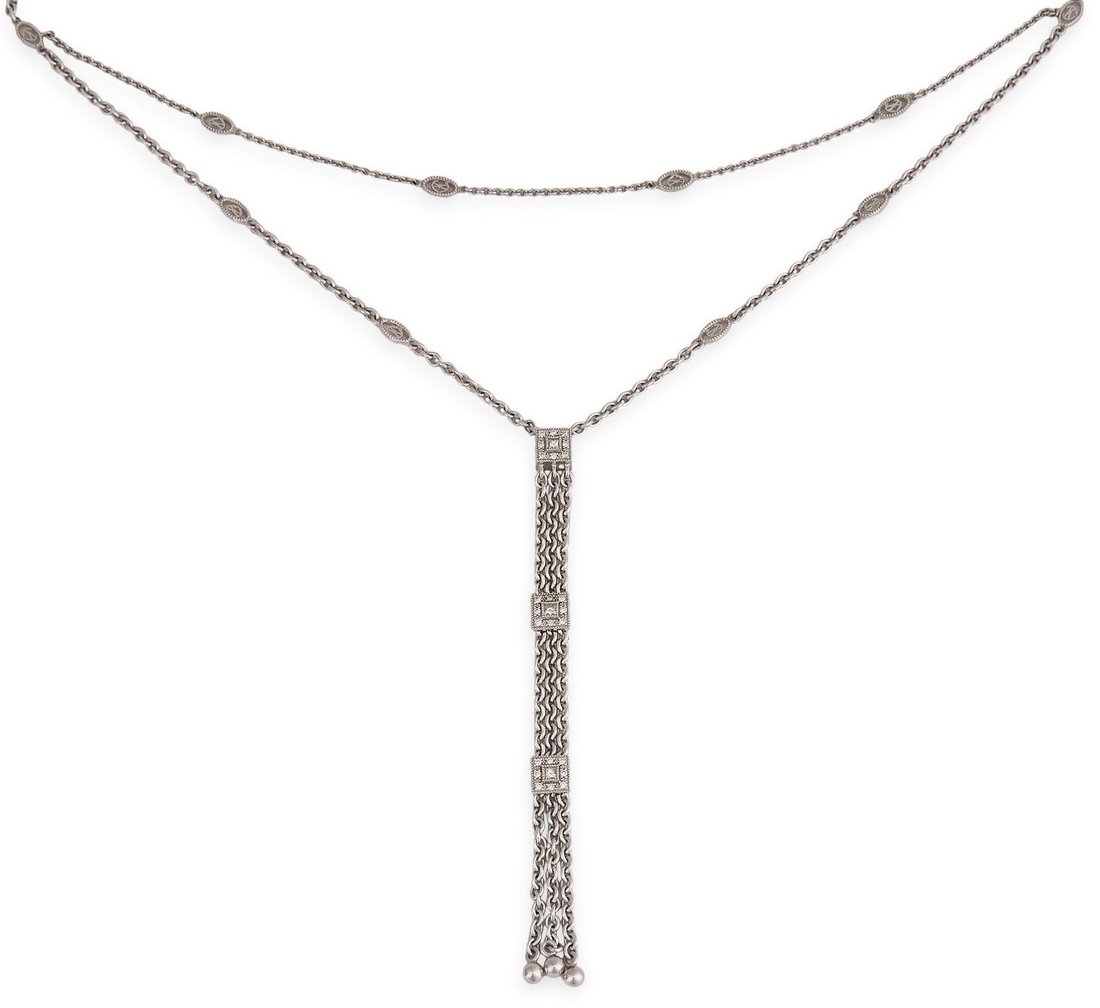 18K Layered Diamond Drop Necklace: 18K white gold layered drop necklace set with round diamonds, with toggle closure, marked "750" Length: 18 in. Total weight: 17.5 g Provenance: Property from a home in San Antonio,