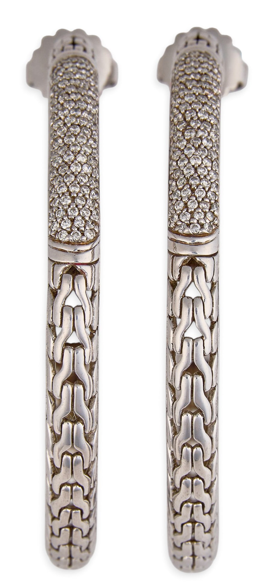 John Hardy Sterling Silver Diamond Hoops: Pair of John hardy sterling silver hoop earrings, set with round brilliant-cut diamonds in pave setting and signature pierced and textured framework, marked ".925 JH 18K" to interior Size: