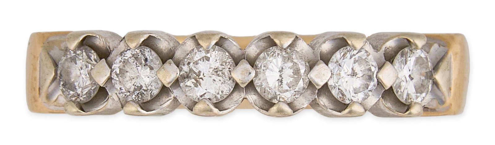 14K/Platinum Diamond Ring: 14K yellow gold and platinum ring set with six round brilliant cut diamonds, approximately 0.5 ctw, marked "Finesse 14K" Size: 7 Total weight: 4.9 g Provenance: Property from a home in Boern