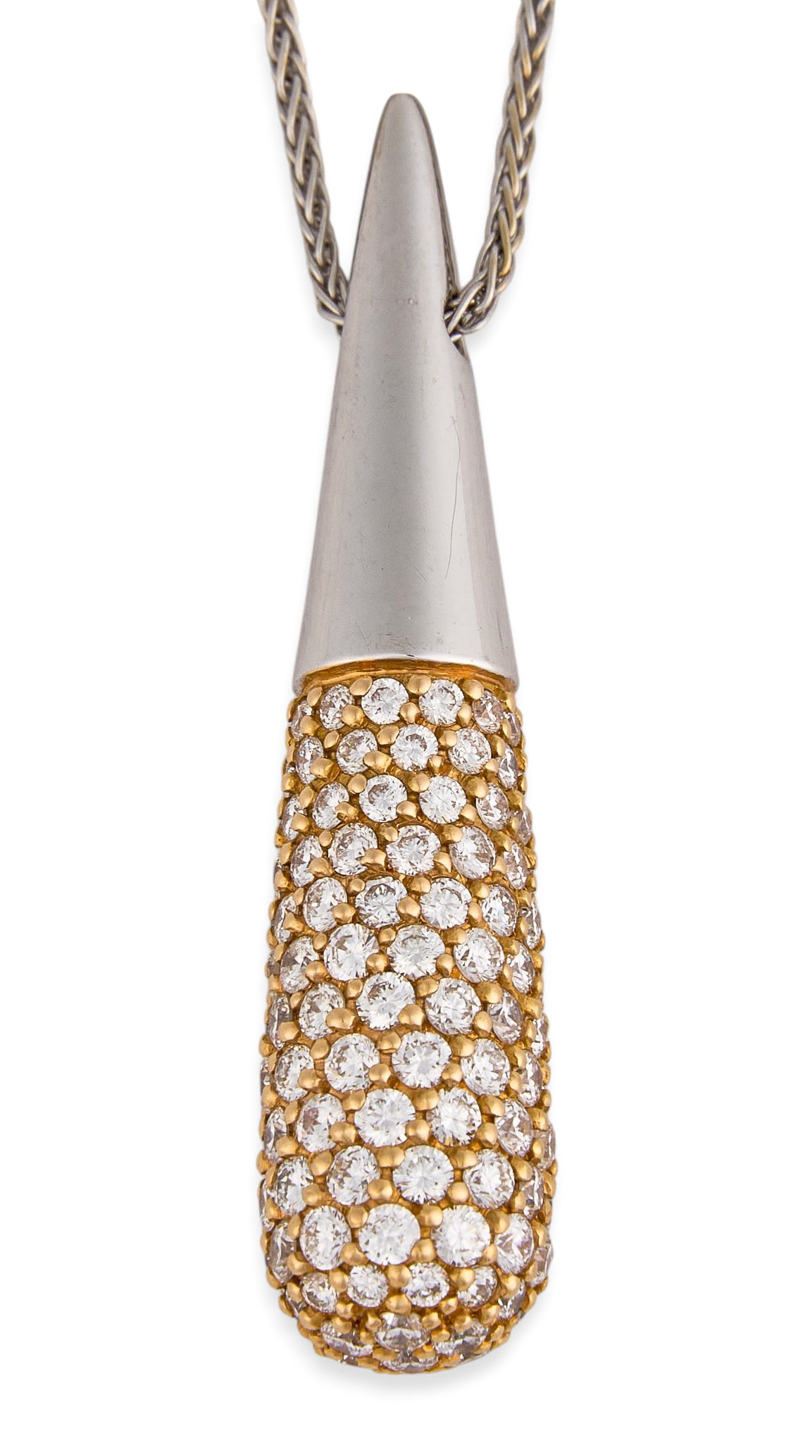 18K Diamond Teardrop Pendant Necklace: 18K two-tone gold (tested) pendant necklace, pendant set with round brilliant cut diamonds in pave setting, approximately 2.42 ctw Length: 16 in. Total weight: 13.8 g Provenance: Property