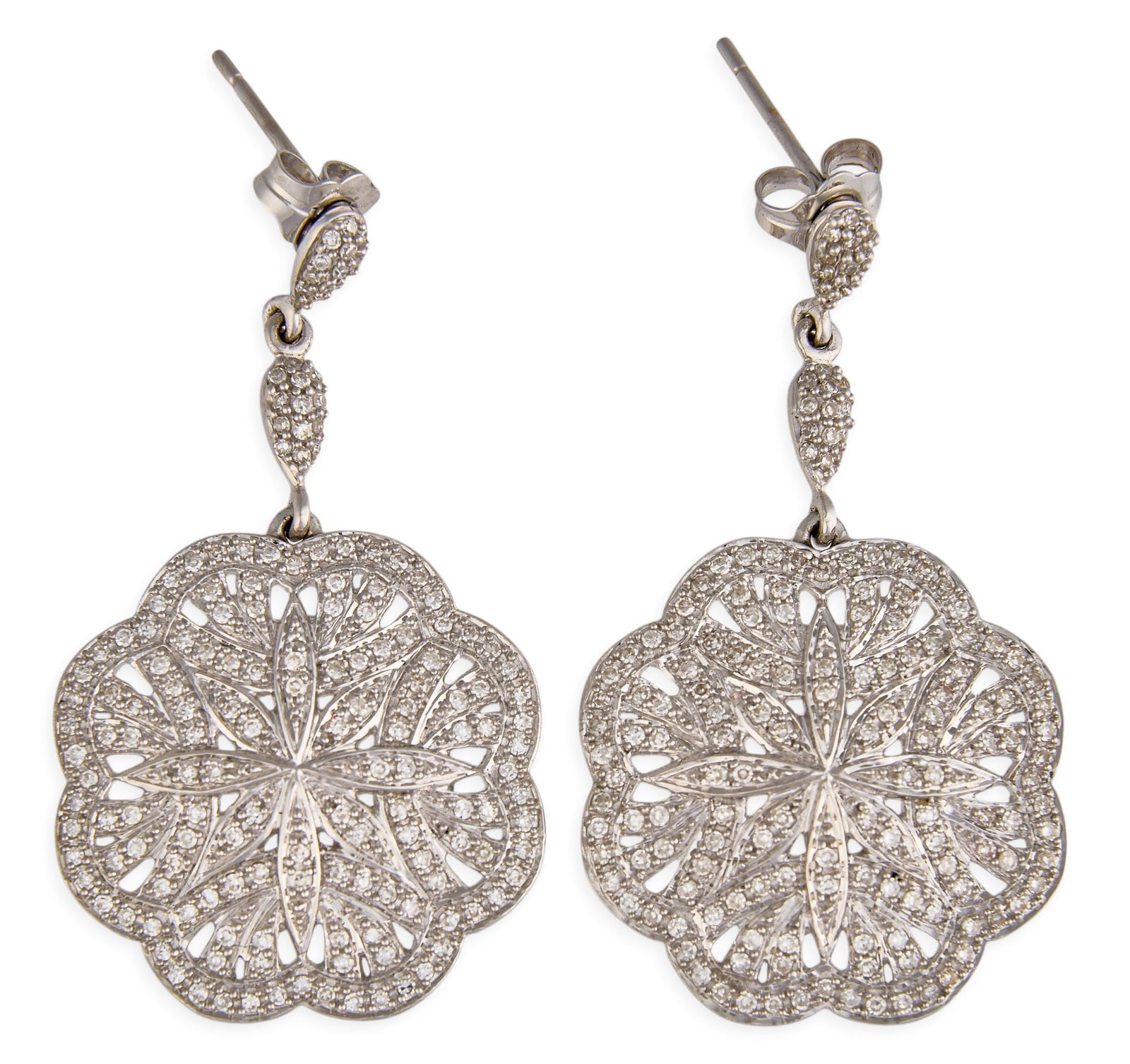 14K Diamond Sand Dollar Style Earrings: Pair of 14K white gold dangle earrings, set with pave diamonds in sand dollar motif, marked "14K" Size: 1.5 in. / length Total weight: 7.9 g Provenance: Property from a home in San Antonio,