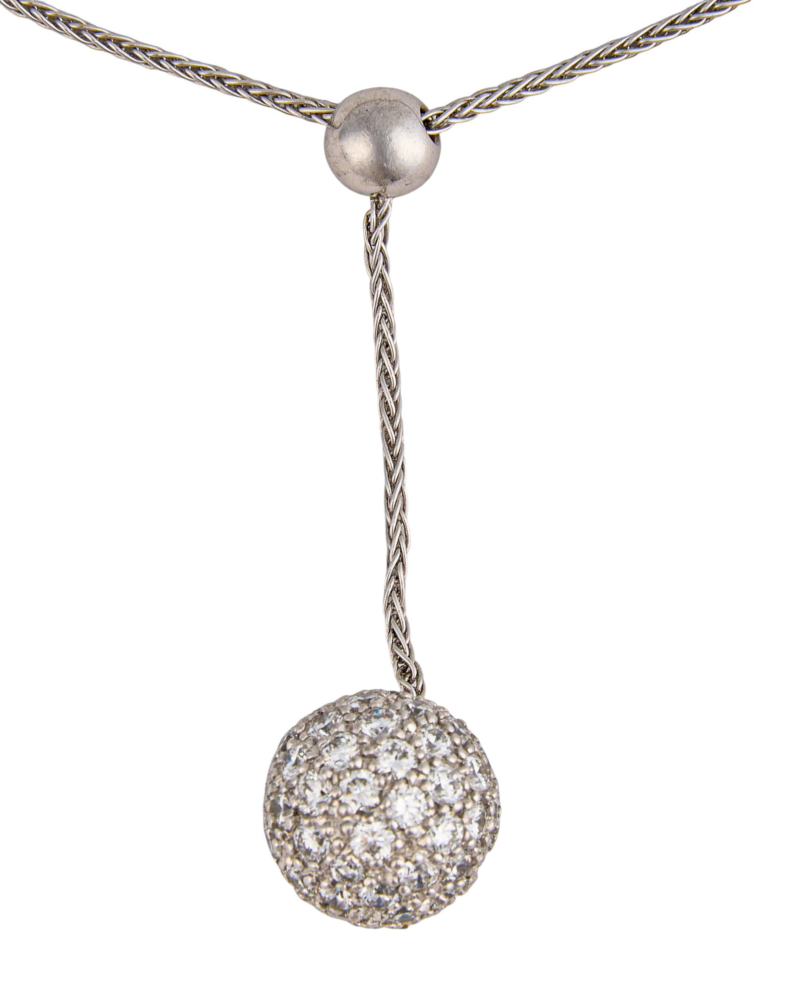 18K Diamond Ball Pendant Necklace: 18K white gold ball pendant necklace, set with round brilliant cut diamonds in pave setting, marked "750" Length: 16 in. Total weight: 8.2 g Provenance: Property from a home in San