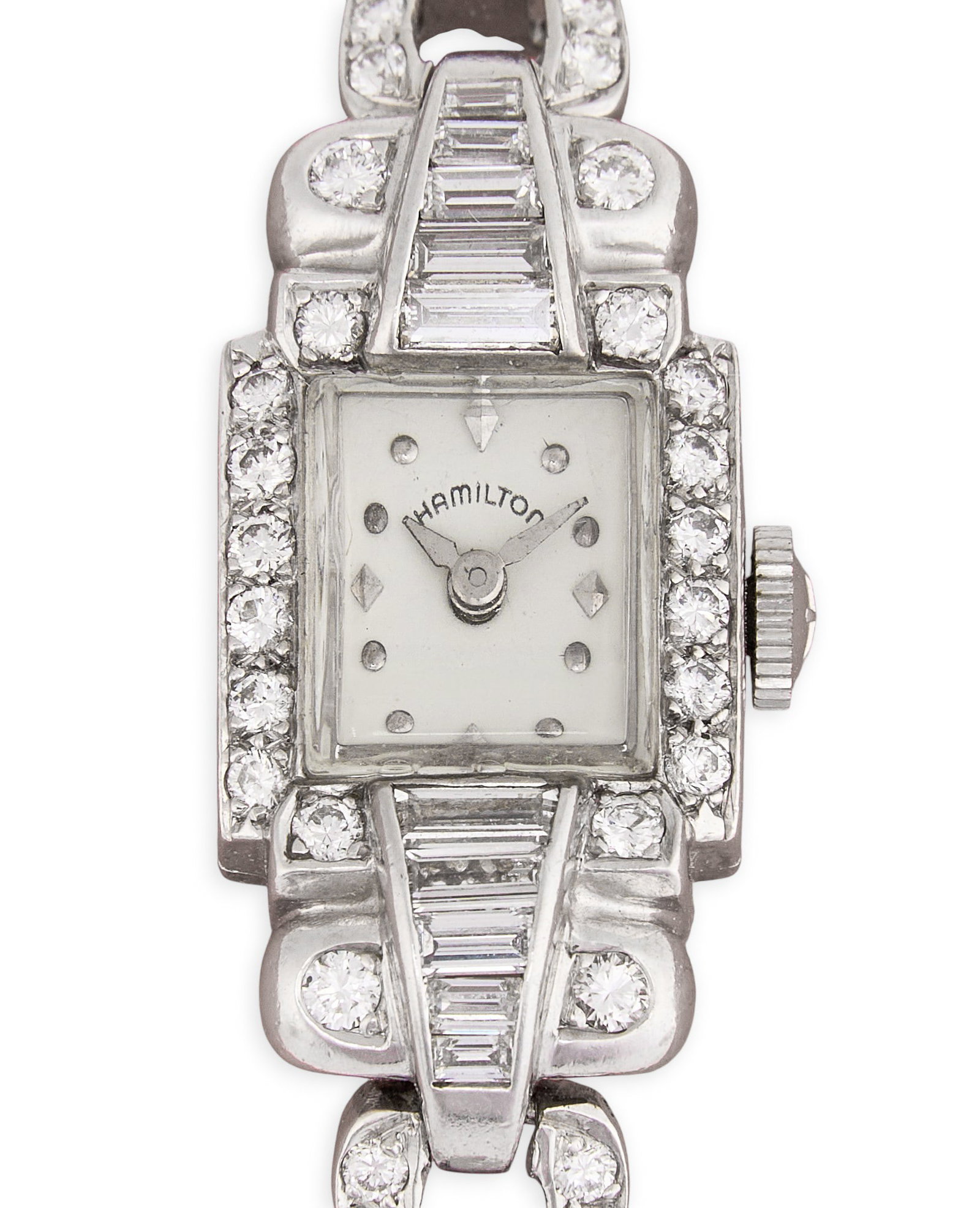 Platinum Diamond Watch: Ladies' platinum diamond watch with 17 jewel Hamilton movement, 3.5 total carat weight Length: 6 in. Total weight: 32.0 g Provenance: Property from a home in Hamilton, Texas