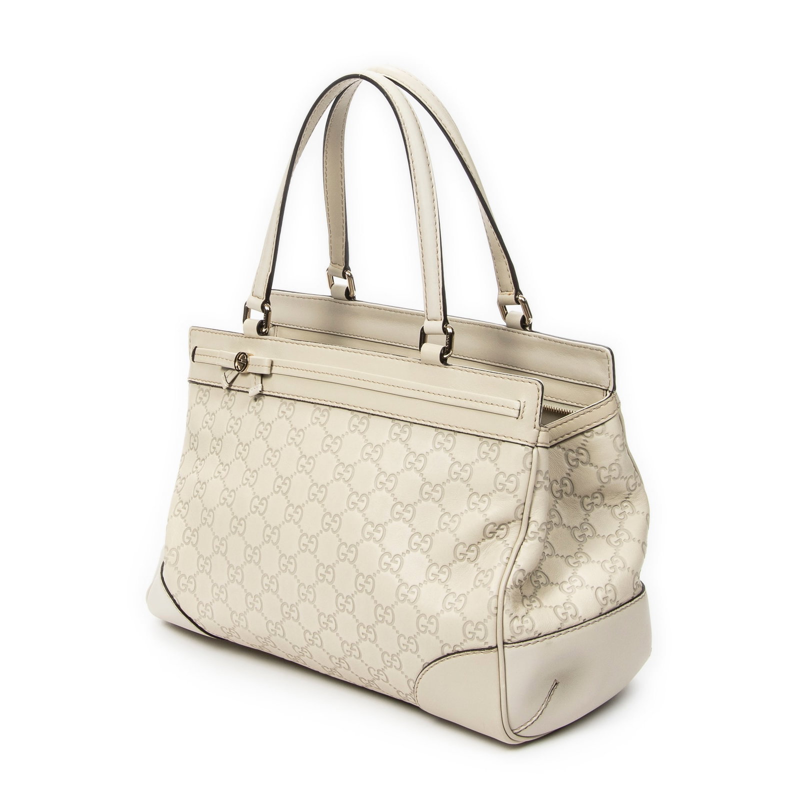 Gucci Medium Mayfair Tote Shoulder Bag: Gucci Medium Mayfair Tote shoulder bag in ivory guccissima leather, gold hardware, marked 257063-001998, includes dustbag, booklet; third-party authenticated 14.5 in. x 9 in. x 6 in. Condition AA;