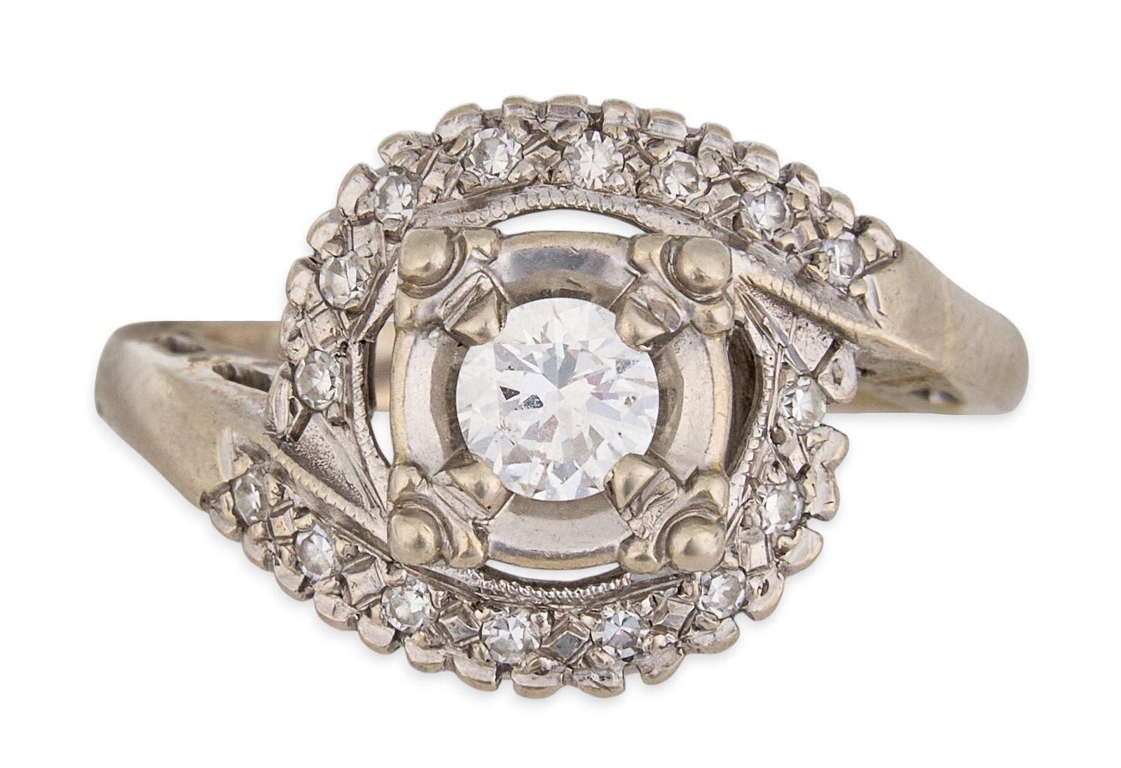 14K Diamond Engagement Ring: 14K white gold (tested) engagement ring set with round brilliant cut diamond center stone, approximately 0.25 ct, accented by diamond halo, approximately 0.24 ctw Size: 5 Total weight: 4.3 g Prov