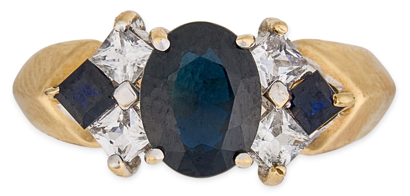 14K Diamond & Sapphire Ring: 14K gold ring centering an oval-cut sapphire, accented by square-cut diamonds and additional sapphires, marked "14K" Total weight: 3.05 g Provenance: Property from a home in the Alamo Height