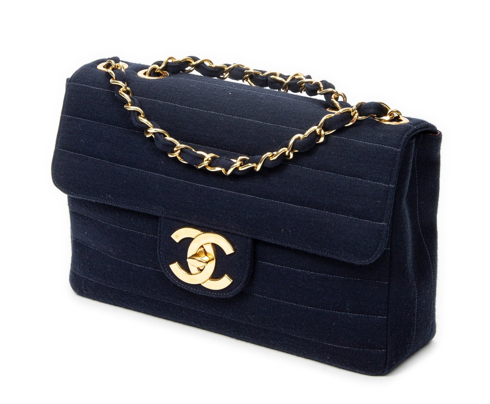 Chanel Jumbo Straight Single Flap Shoulder Bag: Chanel Jumbo Straight Single Flap shoulder bag in navy jersey canvas, interlaced chain with navy canvas strap, gold hardware, marked 3682752 (1994-1996), includes dustbag; third-party