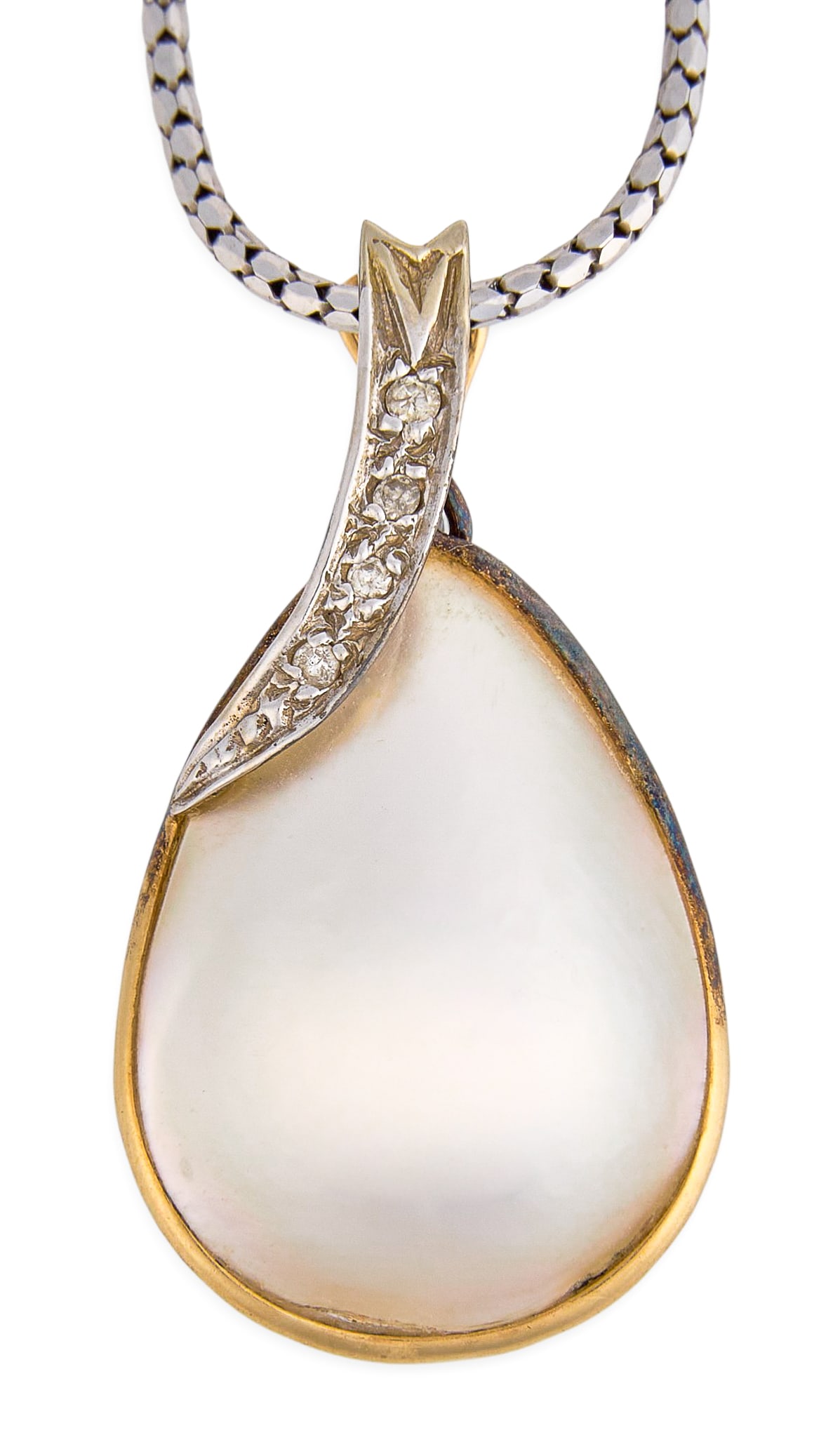 14K Pearl & Diamond Pendant Necklace: 14K gold two-tone pendant necklace, set with pear shaped mabe pearl, accented by row of round-cut diamonds, on a 14K white gold snake chain, pendant and clasp marked "14K" Length: 16