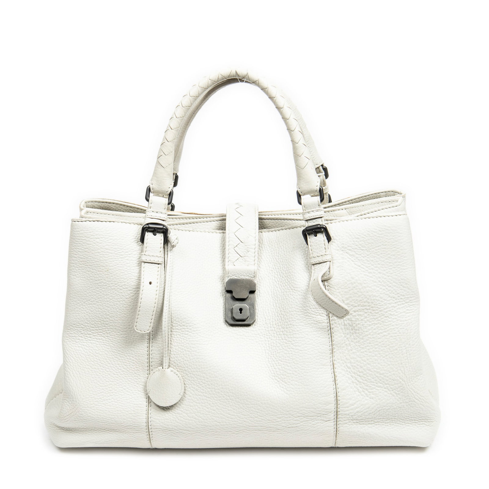 Bottega Veneta Large Roma Tote Shoulder Bag: Bottega Veneta Large Roma Tote shoulder bag in white grained leather, aged brass hardware, marked B03968094G, includes key in clochette; third-party authenticated 15 in. x 9.75 in. x 7.75 in.