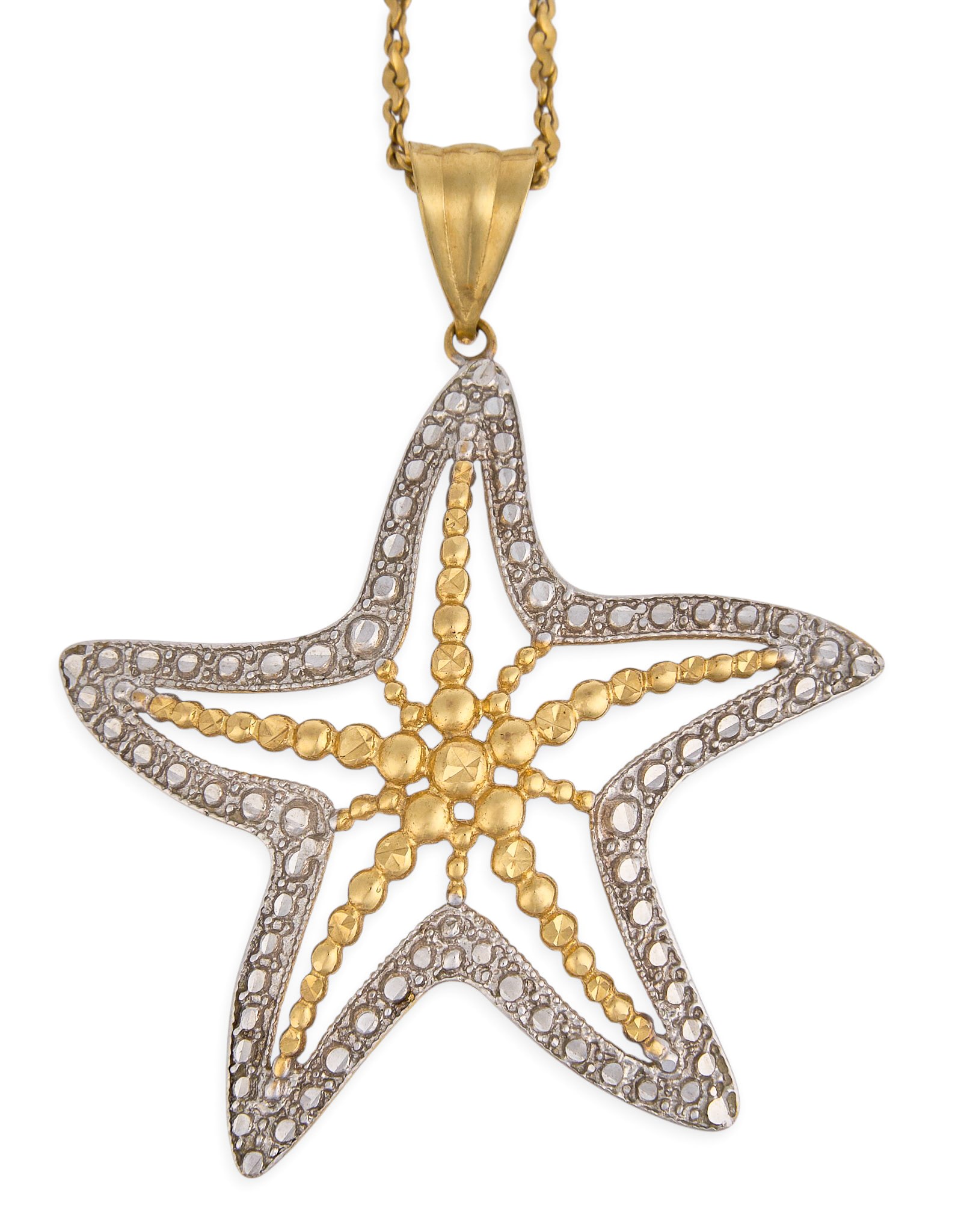 14K Starfish Pendant Necklace: 14K gold two-tone starfish pendant necklace with beaded design, pendant and clasp marked "14K" Length: 18 in. Total weight: 5.7 g Provenance: Property from a home in the Alamo Heights