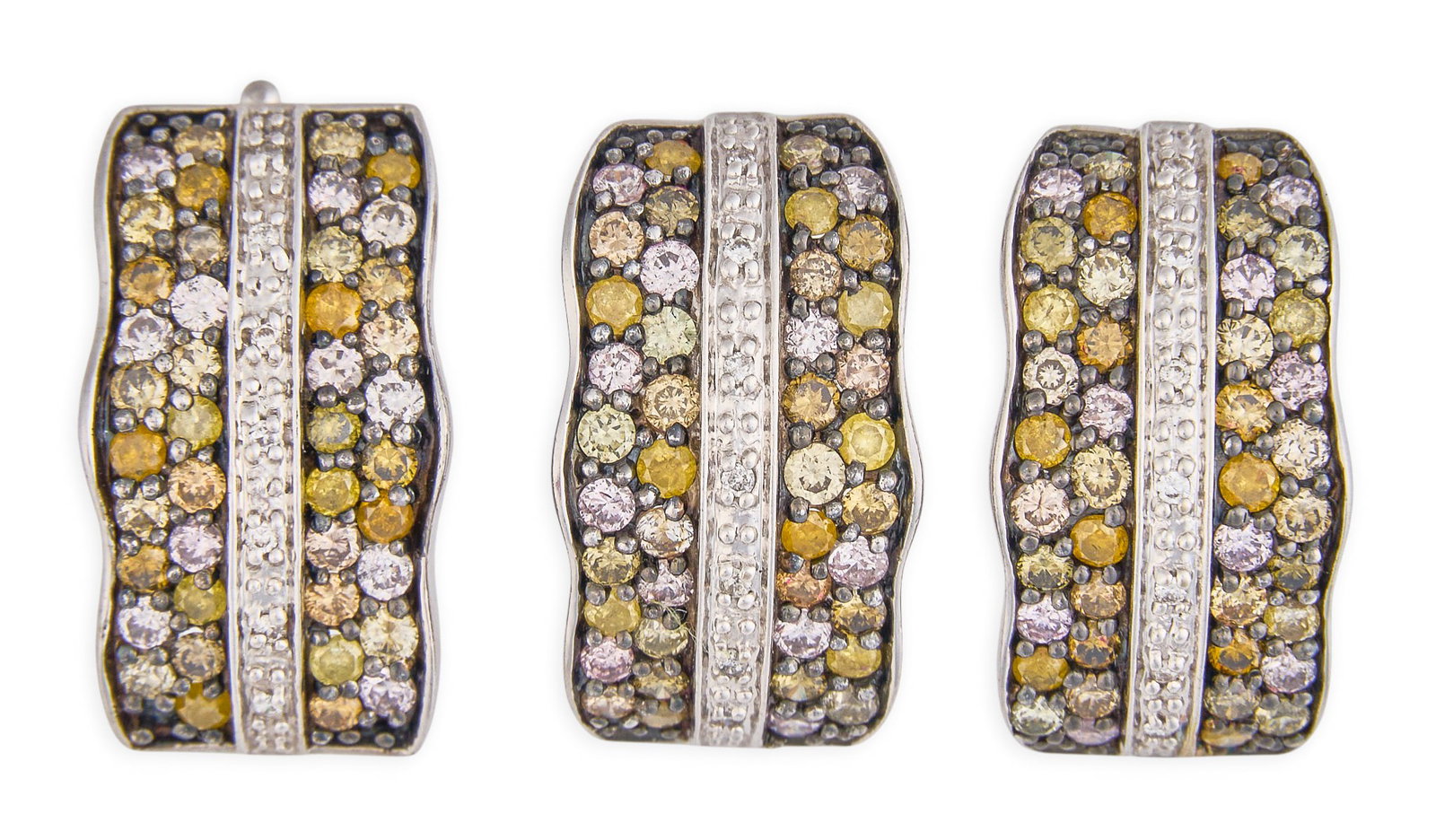 14K Diamond Earrings & Pendant Set: 14K white gold pendant and pair of earrings, set with round brilliant cut yellow and white diamonds in pave settings, marked "14K 585" Size: 0.75 in. / length Total weight: 14.8 g