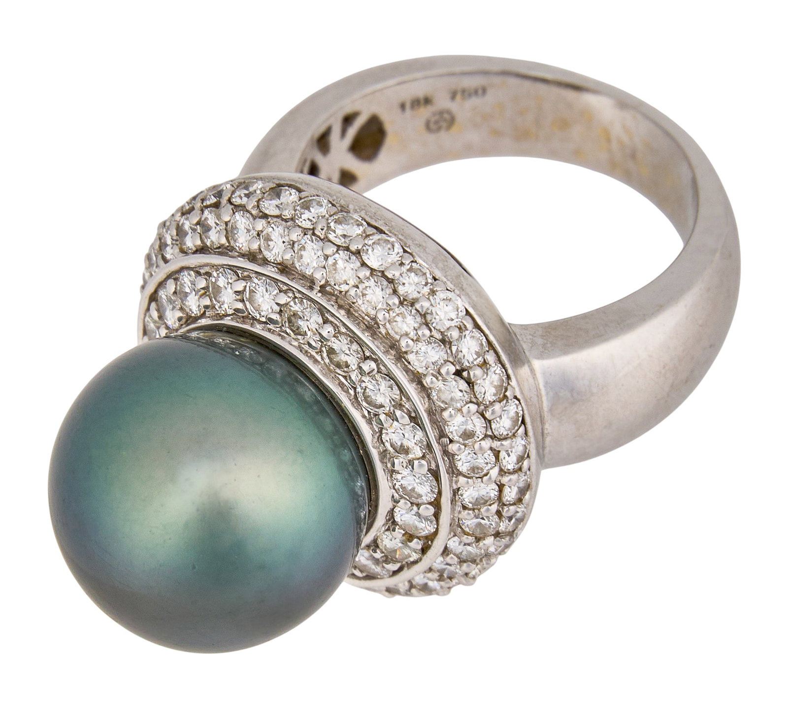 18K Diamond & Tahitian Pearl Ring: 18K white gold ring set with 12.77 mm Tahitian pearl, accented by triple diamond halo of round brilliant cut diamonds, approximately 2.6 ctw, marked "18K 750" Size: 5.25 Total weight: 14.5