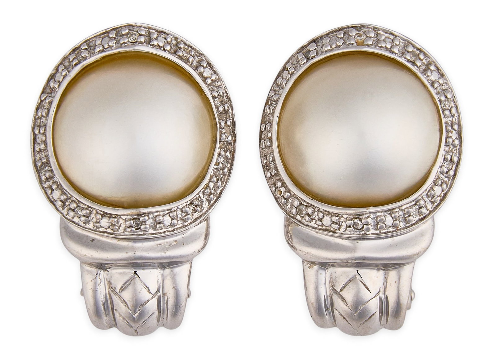 14K Diamond & Pearl Earrings: Par of 14K white gold earrings, each centering pearl and accented by halo of round-cut diamonds, marked "14K CHINA" Size: 0.75 in. / width Total weight: 8.44 g Provenance: Property from a