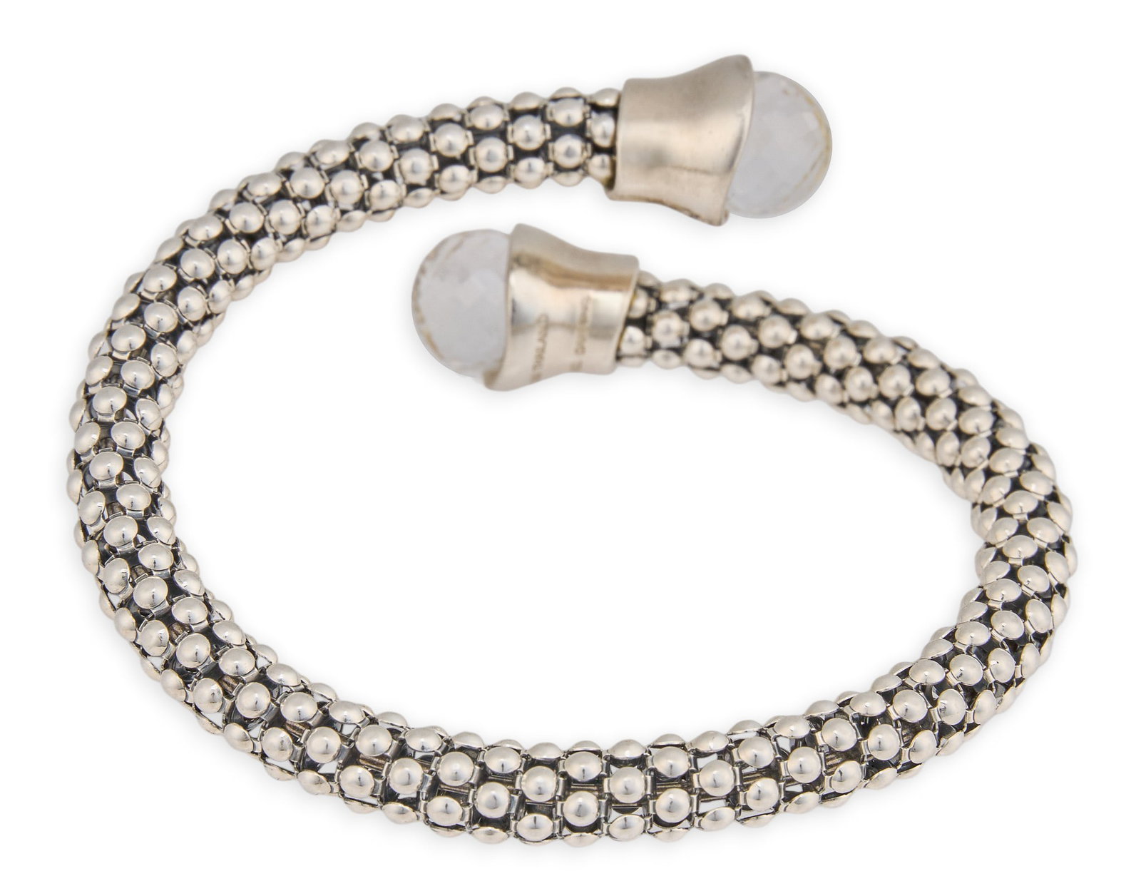Michael Dawkins Sterling Popcorn Bracelet: Michael Dawkins sterling silver bracelet, with "popcorn" style chain design, ending in rock crystal terminals, marked "925" Length: 7 in. Total weight: 0.67ozt Provenance: