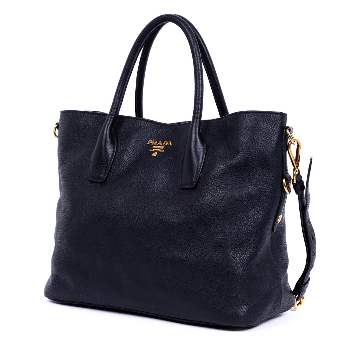 Prada Classic Shopping Tote Shoulder Bag: Prada Classic Shopping Tote shoulder bag in black vitello daino leather with black leather handles, and gold hardware, marked BN2694 / 219, includes strap, and dustbag; third-party authenticated 13.75