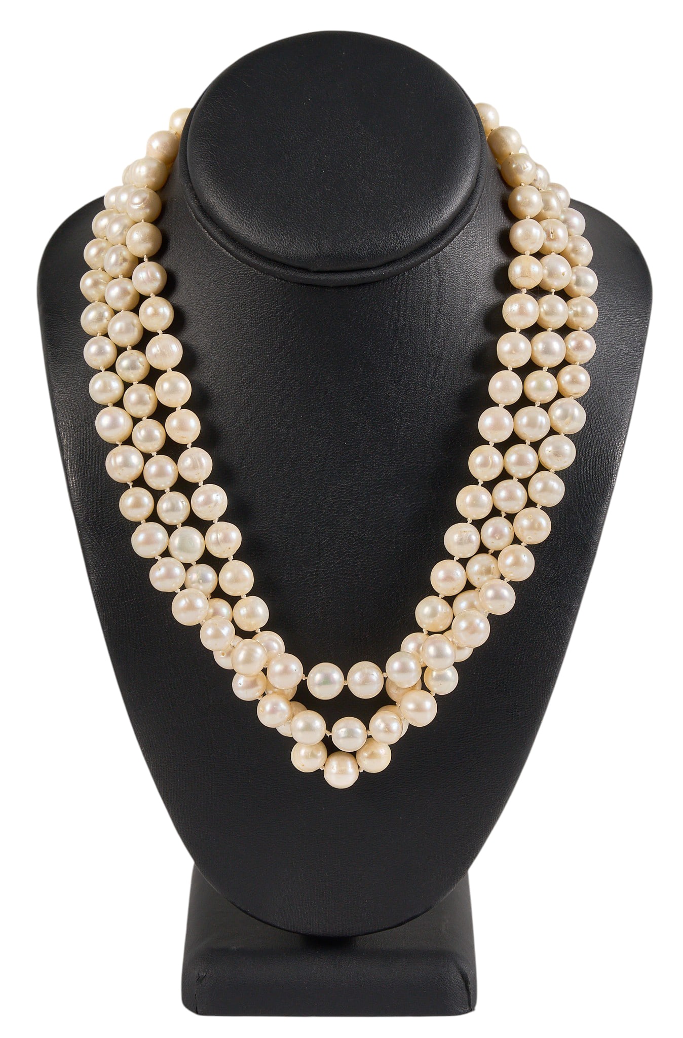 14K Triple-Strand South Sea Pearl Necklace: Triple-strand South Sea pearl necklace, with 14K gold filagree clasp, marked "14K" Length: 19 in. Total weight: 150.3 g Provenance: Property from a home in San Antonio, Texas