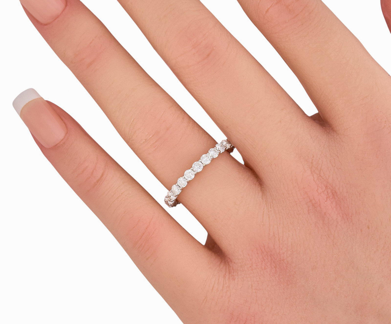 14K Diamond Eternity Band: 14K white gold eternity ring set with round brilliant cut lab grown diamonds, approximately 2.02 ctw, marked "14K" Size: 7 Total weight: 2.1 g Provenance: Property from a home in Boerne,