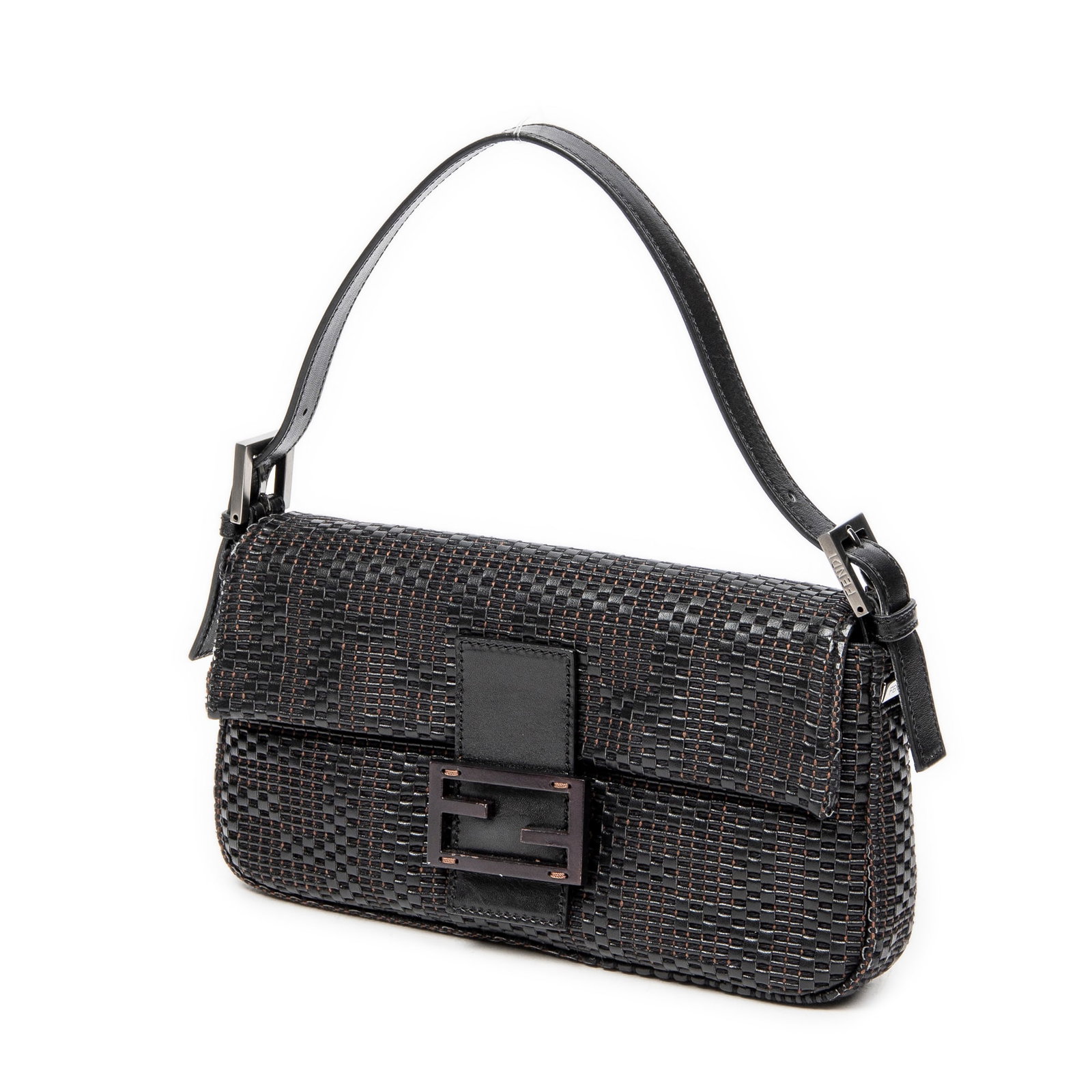 Fendi Baguette Shoulder Bag: Fendi Baguette shoulder bag in black woven leather with black leather handle, and silver hardware, marked 2370-8BR600-WZP-108, includes dustbag; third-party authenticated 10.25 in. x 5.50 in. x