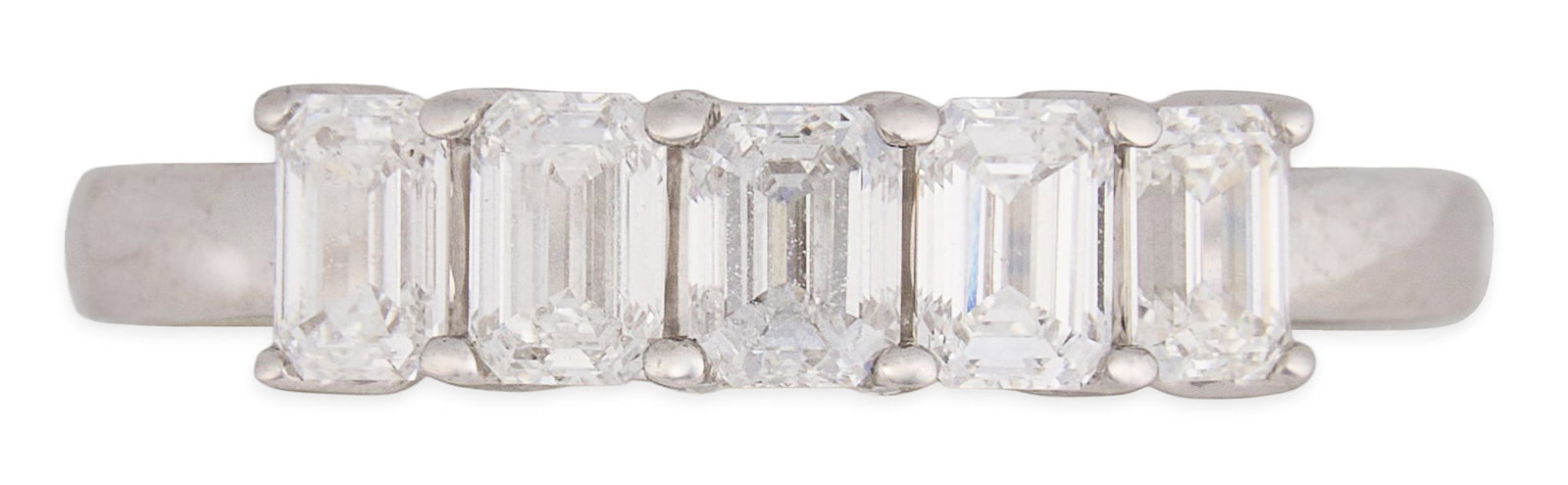 10K Diamond Ring: 10K white gold ring set with five emerald cut lab grown diamonds, approximately 1.0 ctw, marked "10K SK9" and "LGD 1 TW" Size: 7.5 Total weight: 2.7 g Provenance: Property from a h