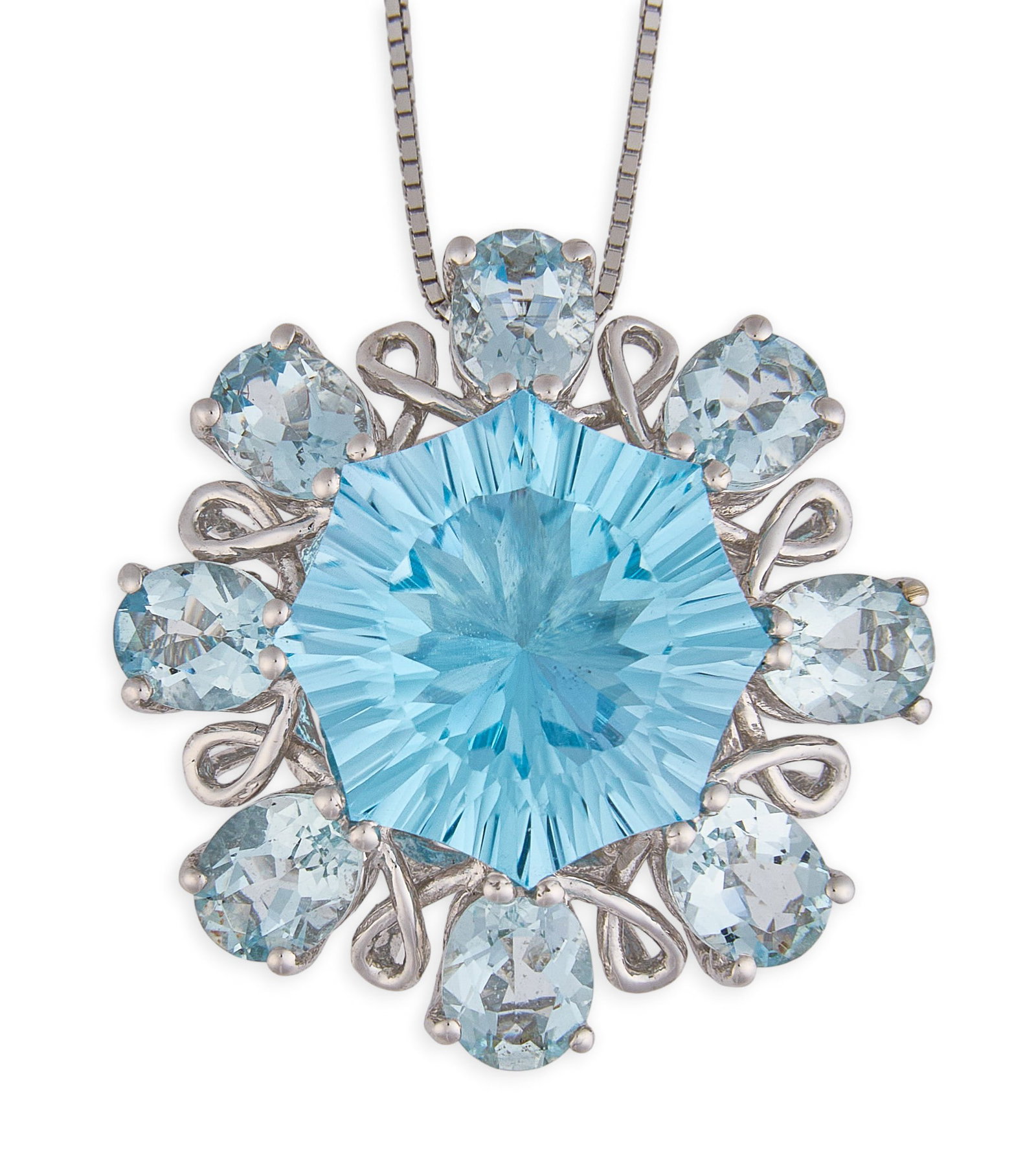 14K Blue Topaz Pendant Necklace: 14K white gold pendant necklace centering octagonal-cut blue topaz, accented by additional oval-cut blue topaz, marked "14K ITALY" Length: 18 in. Total weight: 7.22 Provenance: Property