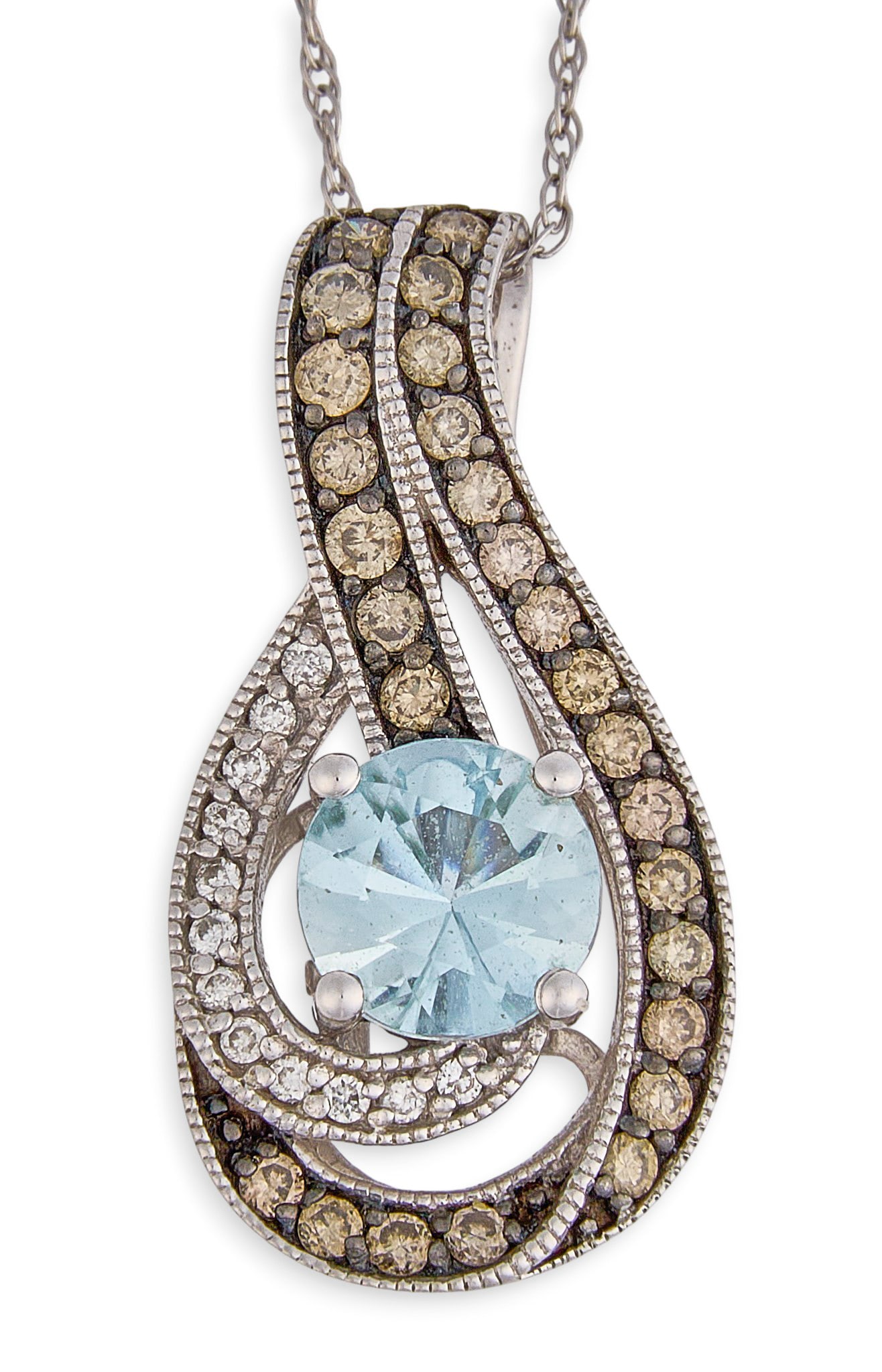 14K Diamond & Aquamarine Pendant Necklace: 14K white gold pendant necklace set with round-cut aquamarine, accented by round diamond details, pendant and clasp marked "14K" Length: 18 in. Total weight: 2.4 g Provenance: Property from