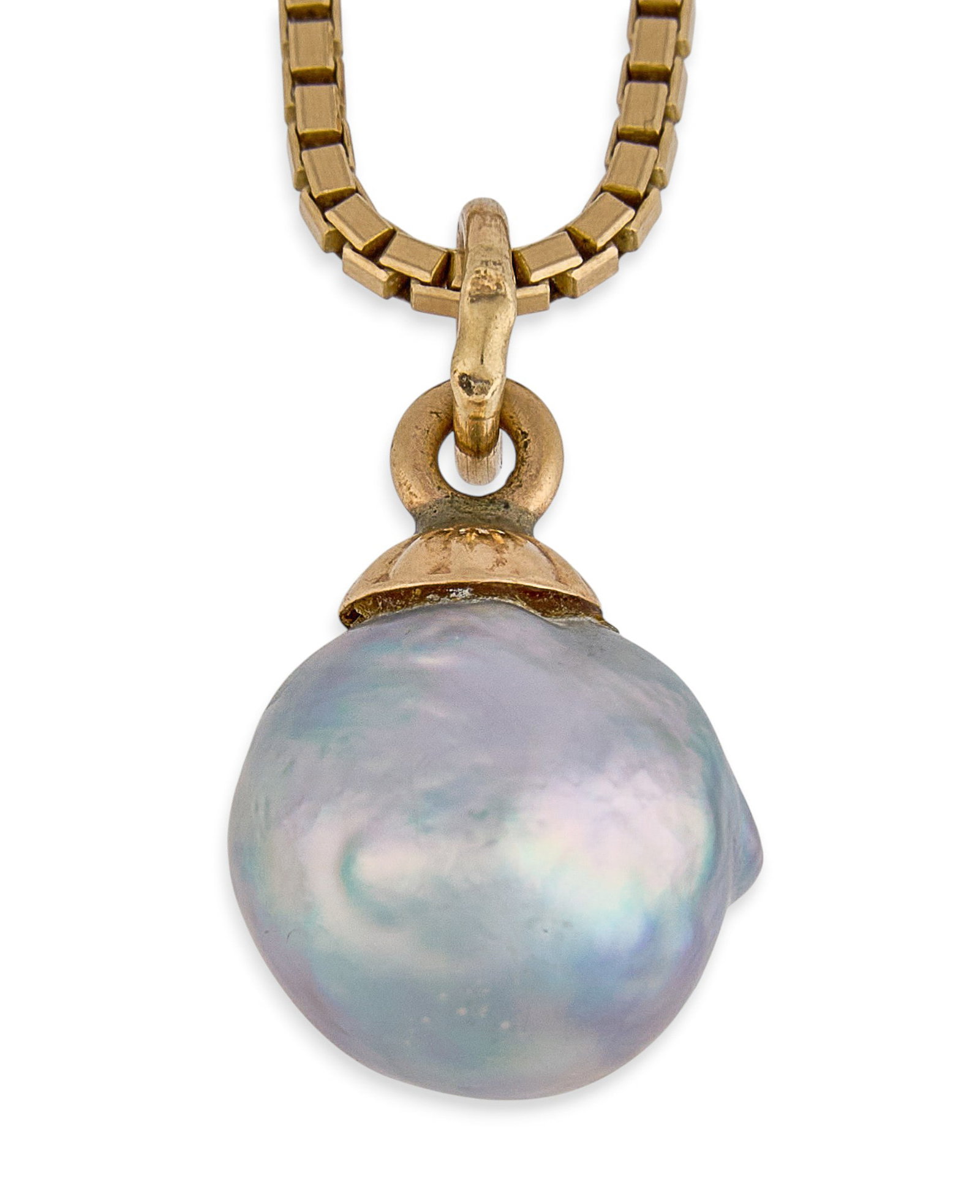 14K Tahitian Pearl Pendant Necklace: 14K gold Tahitian pearl pendant necklace, on box link chain, clasp marked "14KT 585" Length: 18 in. Total weight: 6.8 g Provenance: Property from a home in the Alamo Heights neighborhood of