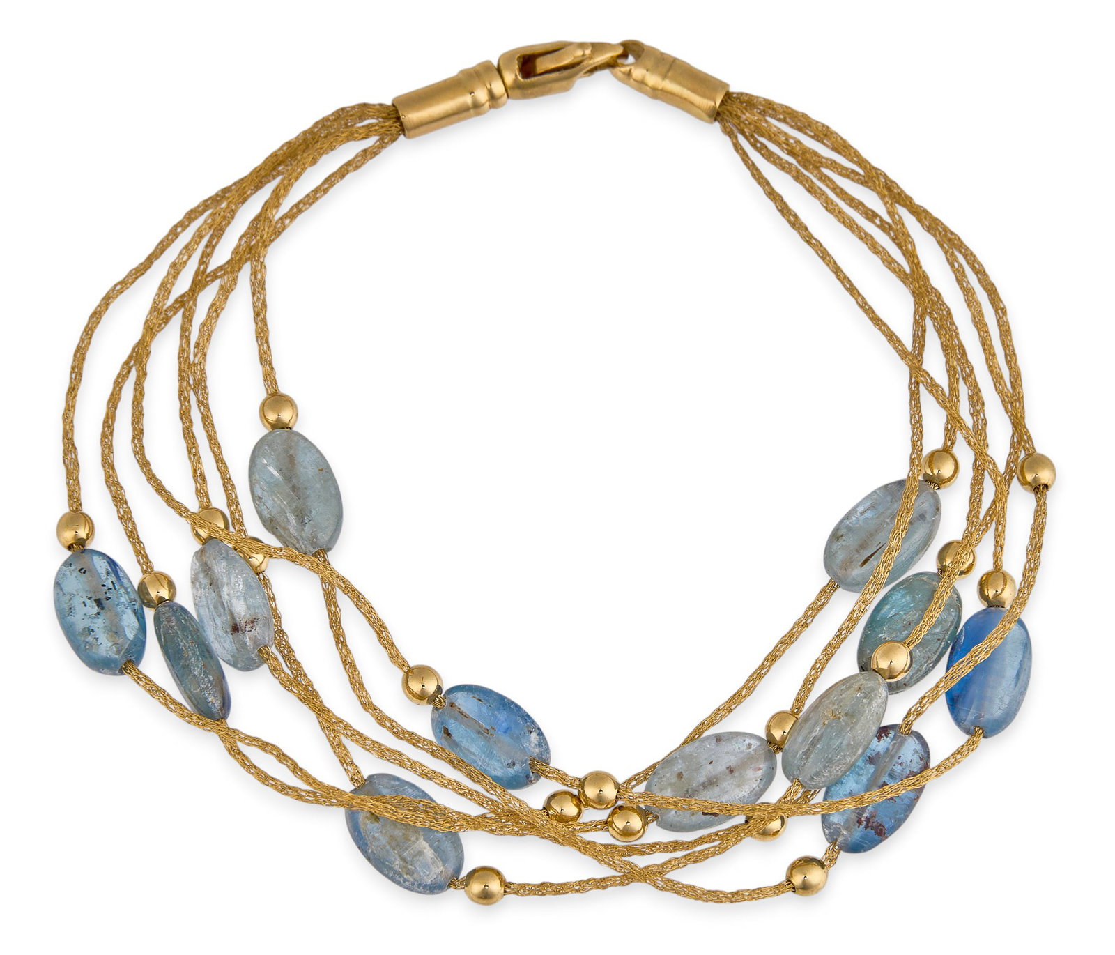 18K Multi-Strand Blue Topaz Bracelet: 18K gold bracelet featuring multiple strands of blue topaz cabochons and gold beads, marked "750" Length: 7.5 in. Total weight: 12.8 g Provenance: Property from a home in the Alamo