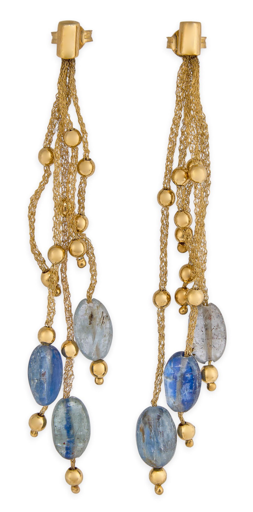 18K Blue Topaz Dangle Earrings: Pair of 18K gold dangle earrings featuring multiple strands of blue topaz cabochons and gold beads, marked "750" Length: 3 in. Total weight: 8.62 g Provenance: Property from a