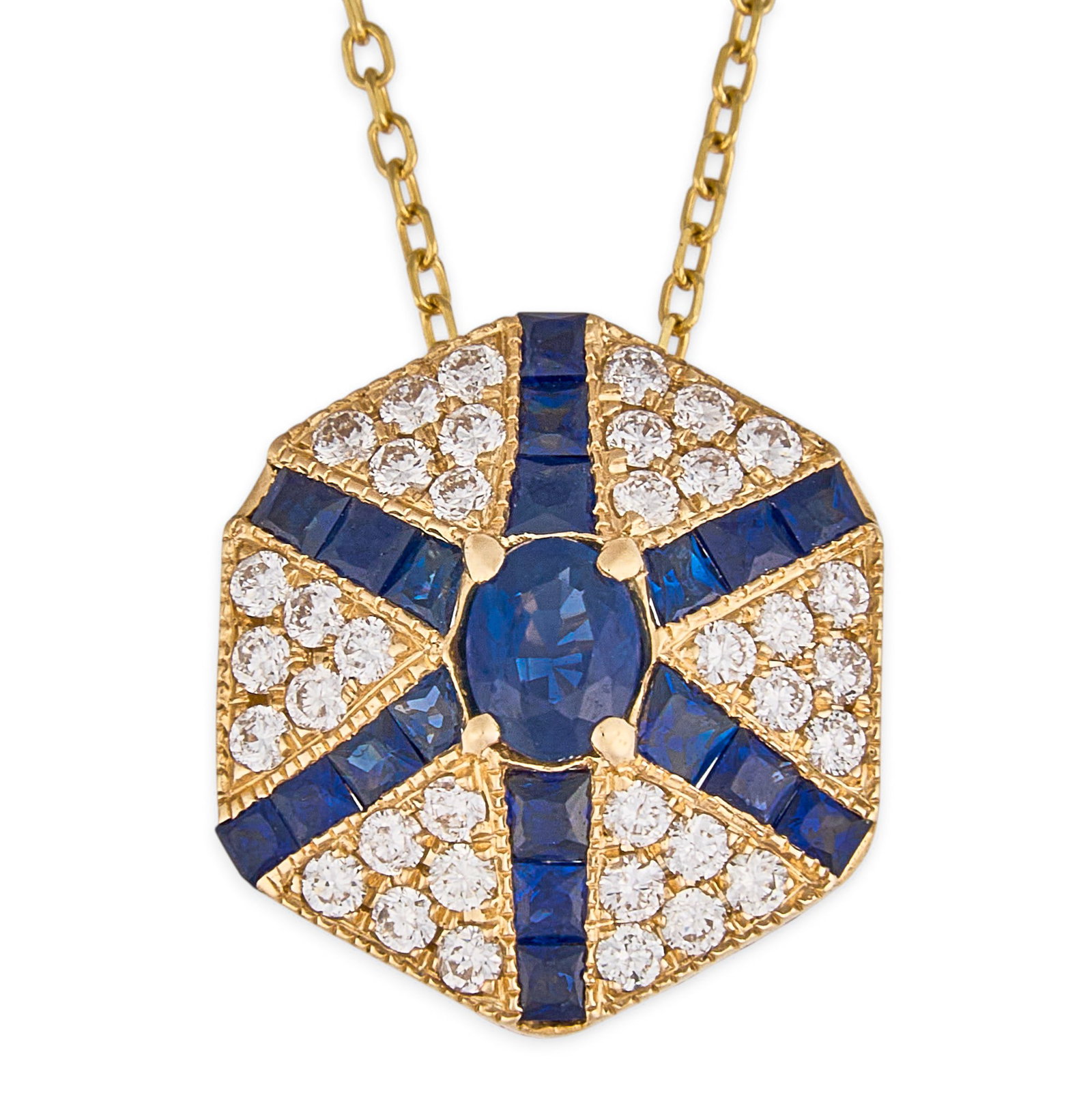 Venetti 14K Diamond Sapphire Necklace: Venetti 14K gold pendant necklace centering an oval-cut sapphire, accented by round brilliant-cut diamonds and additional square-cut sapphires in pave settings, marked "14K Venneti" Length: