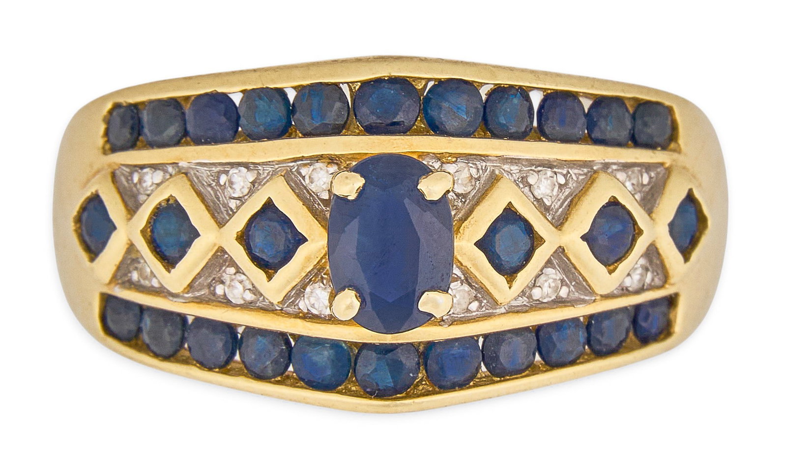 14K Sapphire & Diamond Ring: 14K gold ring centering an oval-cut sapphire, accented by rows of round-cut sapphires and diamonds, marked "14K THAILAND" Size: 10 Total weight: 6.0 g Provenance: Property from the personal