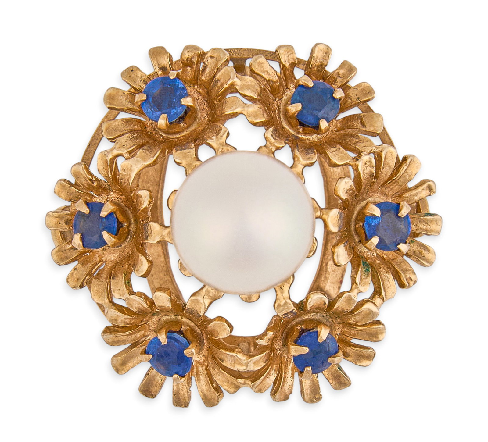 14K Pearl & Sapphire Ring: 14K gold ring centering a pearl, approximately 7.39 mm, accented by six round-cut blue sapphires, set in an ornate floral design, marked "K14" Size: 6 Total weight: 5.29 g Provenance: P