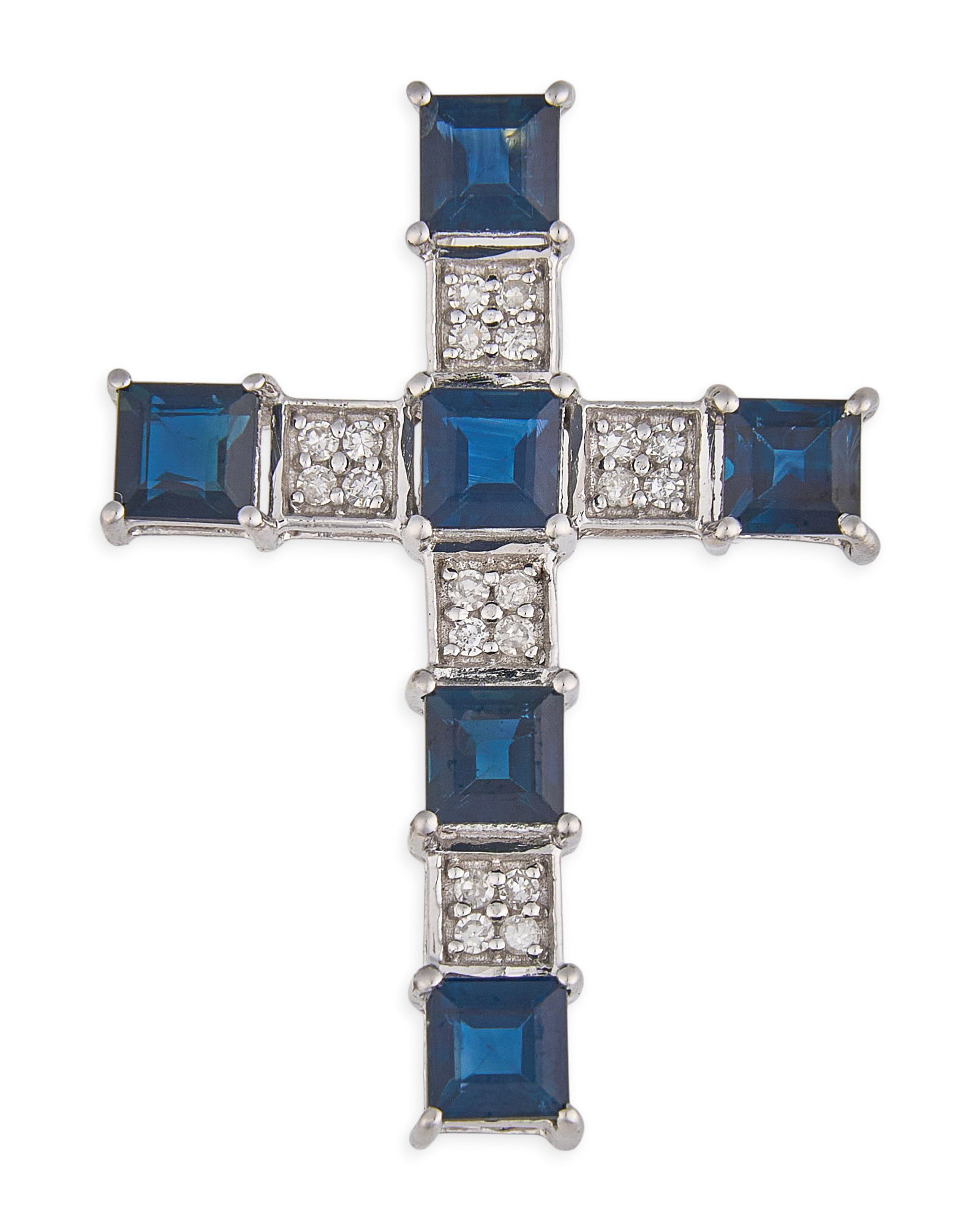14K Sapphire Diamond Cross Pendant: 14K white gold cross pendant set with square-cut diamonds and sapphires, approximately 2.84 ctw combined, marked "14K INDIA" Size: 1 in. x 0.75 in. Total weight: 1.8 g Provenance: Property