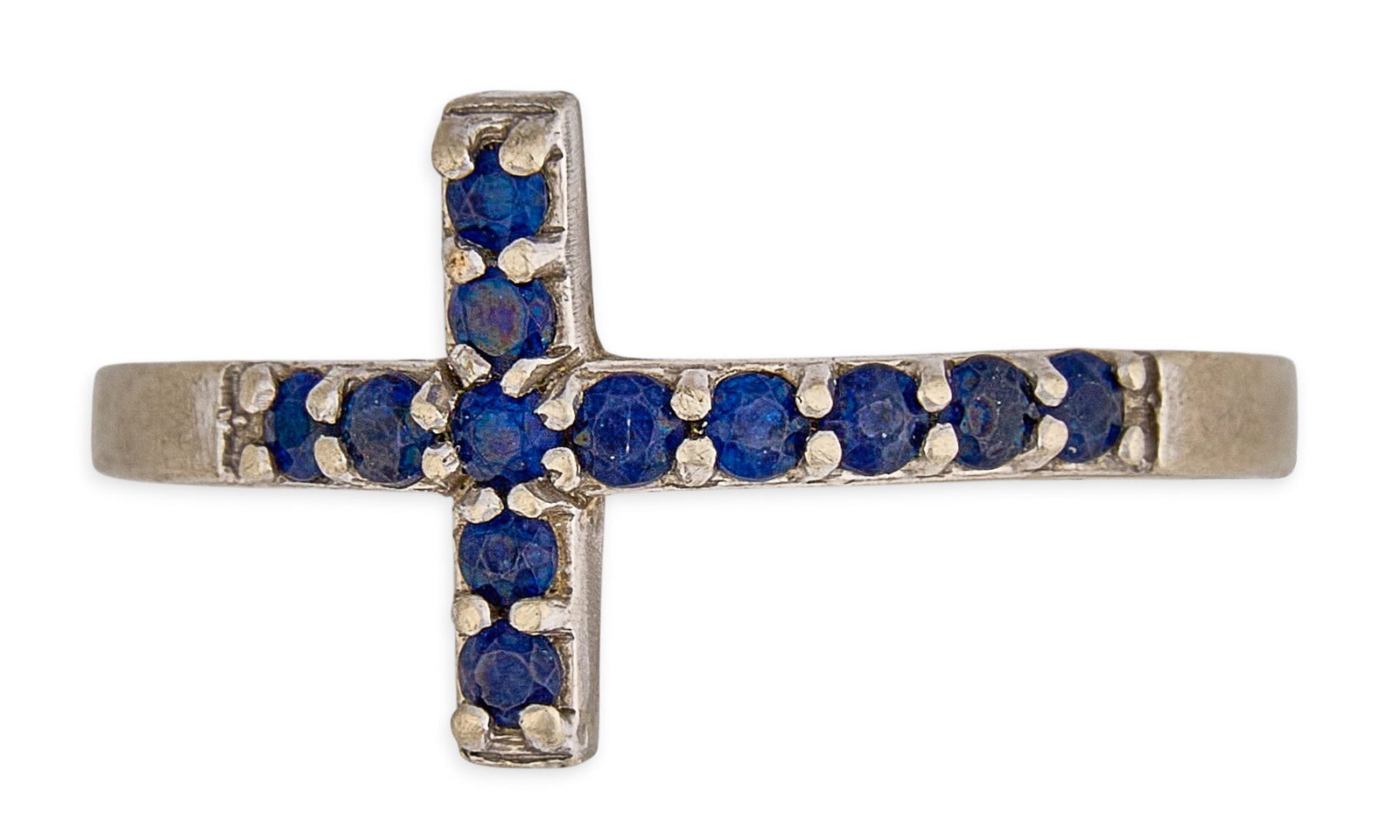 14K Sapphire Cross Ring: 14K white gold cross ring set with round faceted sapphires, approximately 0.25 ctw, marked "14K" Size: 6 Total weight: 2.3 g