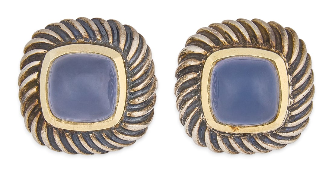 David Yurman Sterling/14K Violet Chalcedony Earrings: Pair of David Yurman sterling silver earrings set with violet chalcedony cabochons in 14K gold bezel settings, marked "D. YURMAN 925 585" Total weight: 10.18 g Provenance: Property from a