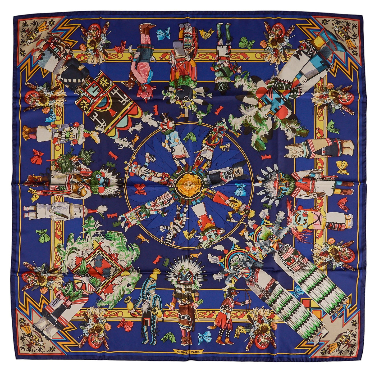 Kermit Oliver/ Hermes, "Kachinas" Silk Scarf: Kermit Oliver (Texas, b. 1943) designing for Hermès Paris, "Kachinas", silk square scarf Square: 35 in. Condition AA; perfect condition, has barely been used Provenance:
