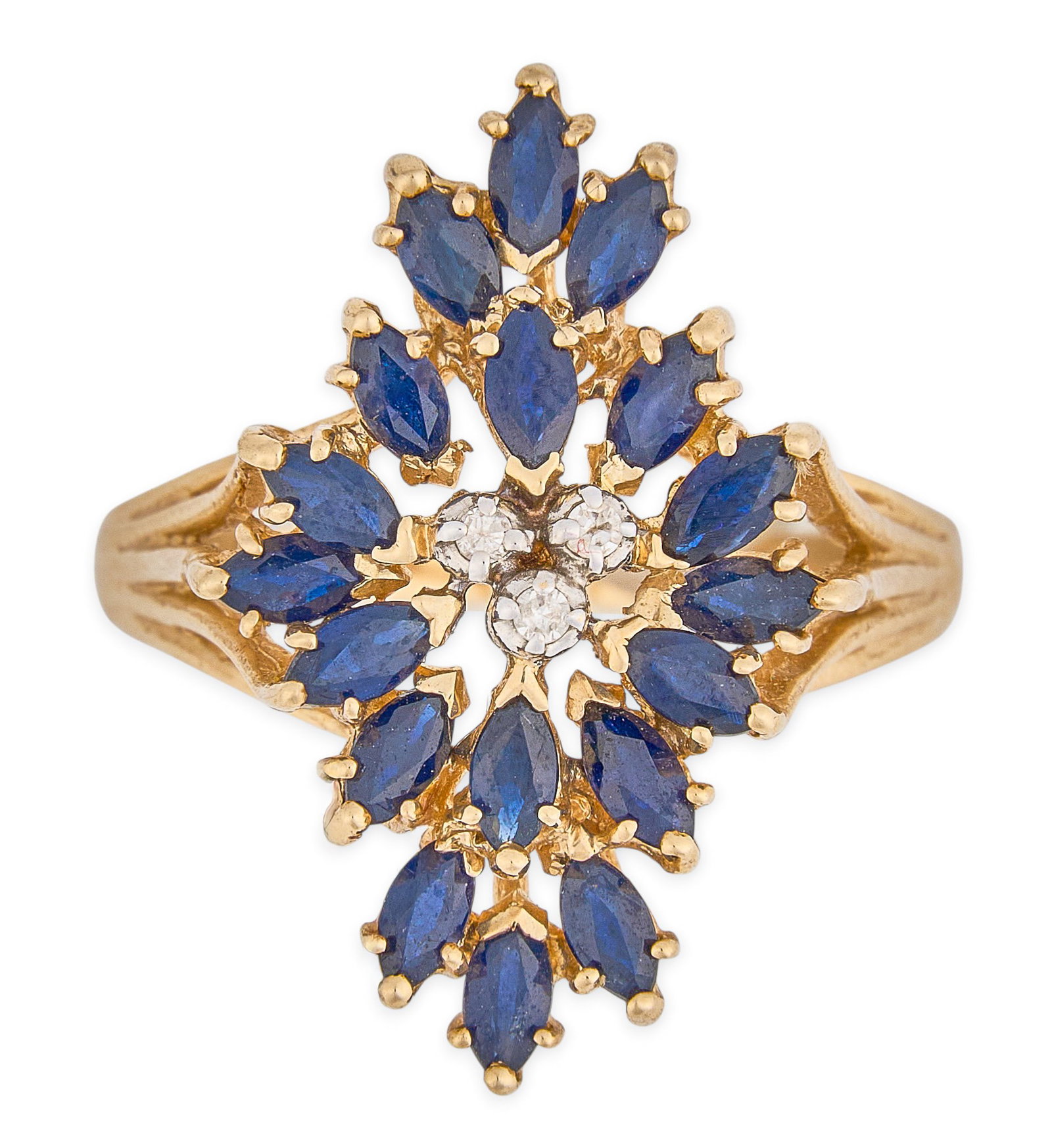 14K Sapphire & Diamond Cluster Ring: 14K gold ring set with three round brilliant-cut diamonds, surrounded by marquise-cut sapphires in cluster design, marked "14K" Size: 8 Total weight: 5.1 g Provenance: Property from