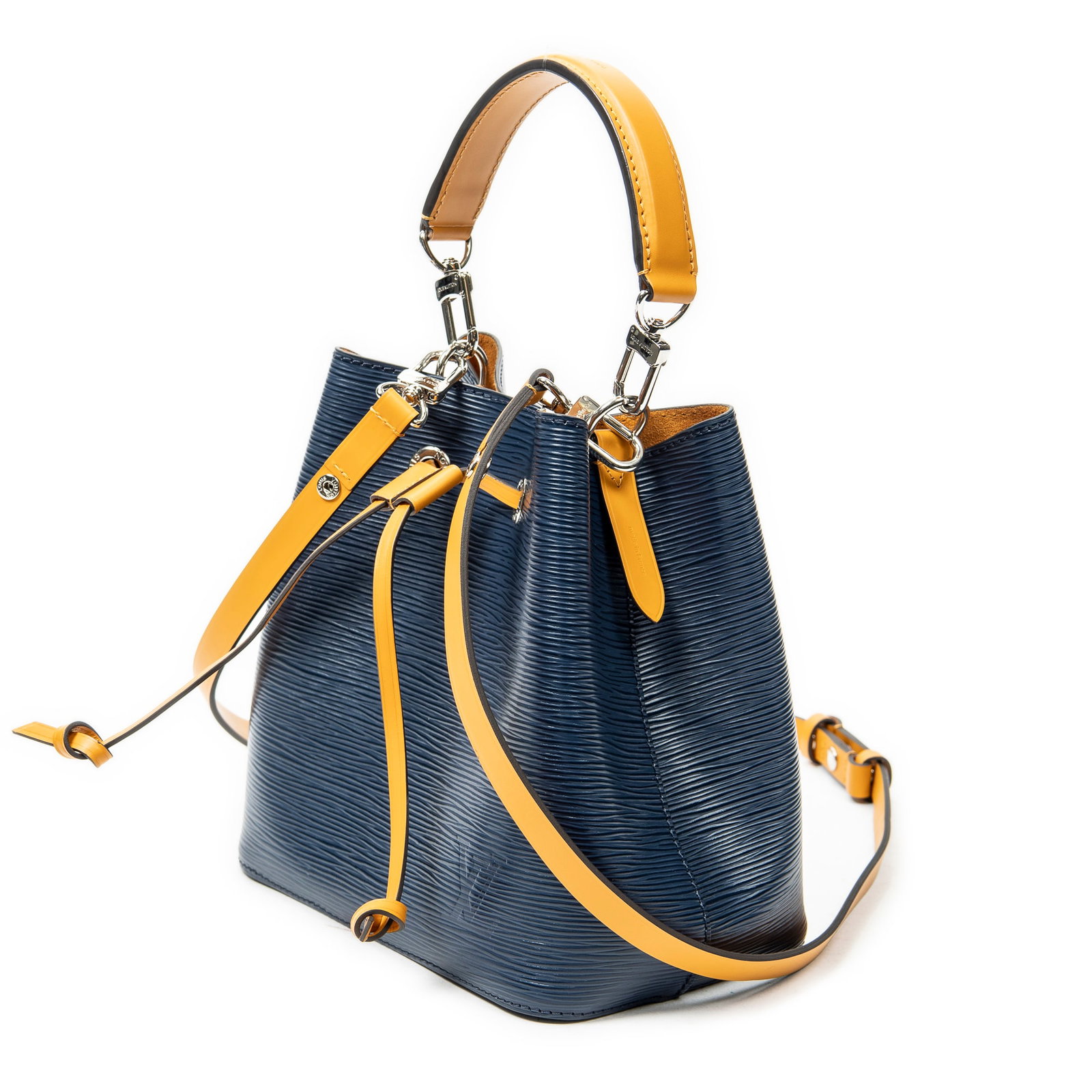 Louis Vuitton Neonoe Bicolor BB Shoulder Bag: Louis Vuitton Neonoe Bicolor BB shoulder bag in navy/mustard yellow Epi leather, silver brass hardware, marked NFC Detected, includes long strap; third-party authenticated 7.75 in. x 8.25 in. x 5 in.