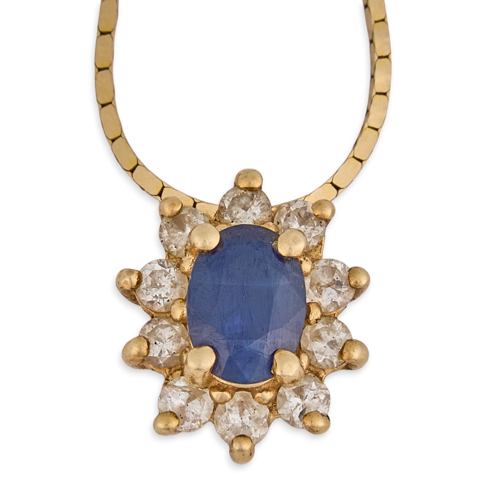 14K Sapphire & Diamond Pendant Necklace: 14K yellow gold pendant necklace, pendant set with oval cut sapphire center stone, accented by ten round brilliant cut diamonds in halo design, on 14K box chain, marked "14K" to clasp and
