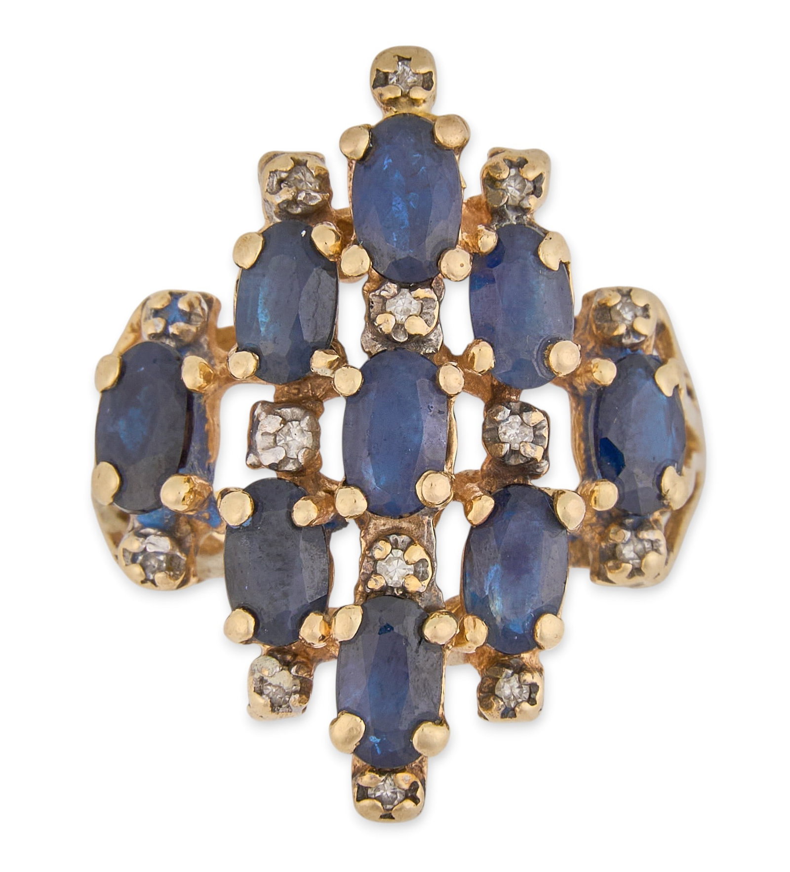 14K Sapphire & Diamond Cluster Ring: 14K yellow gold (tested) ring, set with nine oval cut sapphires in cluster design, featuring small round cut diamond details Size: 5.25 Total weight: 5.3 g Provenance: Property from a home in San Anto