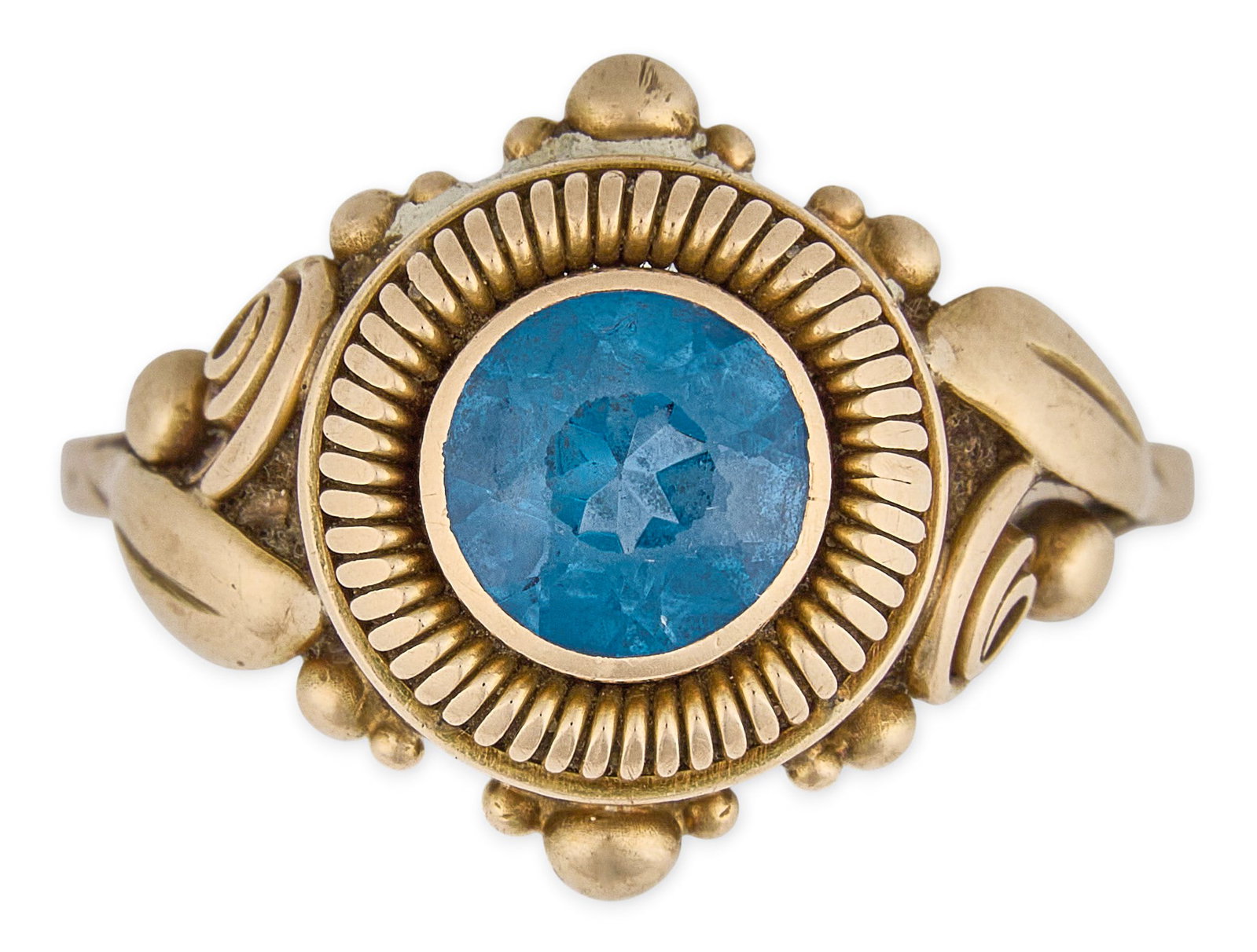 Vintage 14K Blue Topaz Ring: Vintage 14K gold ring centering a bezel-set round-cut blue topaz surrounded by a fluted bezel and decorative leaf and bead accents, marked "585" Size: 10 Total weight: 4.77 g