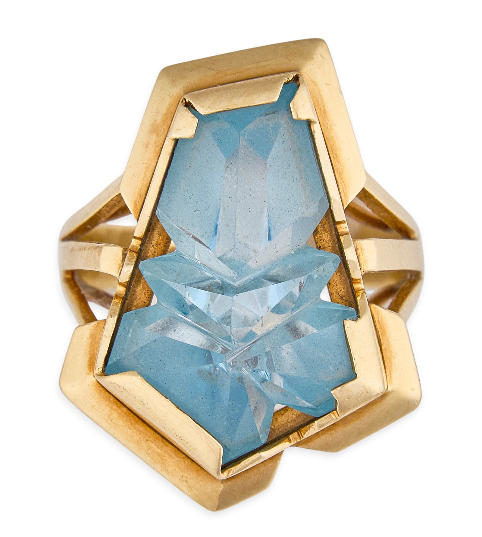 14K Blue Topaz Ring: 14K gold ring set with fantasy cut blue topaz, marked "14" Size: 4.5 Total weight: 5.7 g Provenance: Property from a home in Boerne, Texas