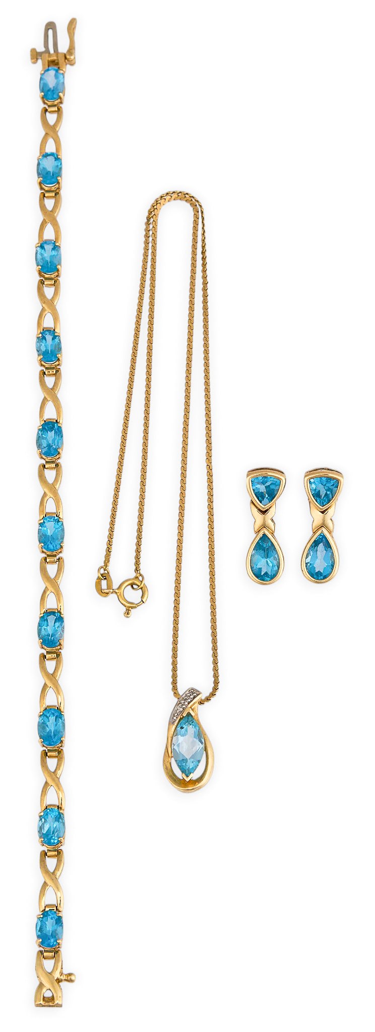 14K Blue Topaz Suite: 14K gold suite set to include bracelet set with oval-cut blue topaz, pendant necklace set with marquise-cut blue topaz and small diamond details, and pair of earrings set with trillion and pear-cut