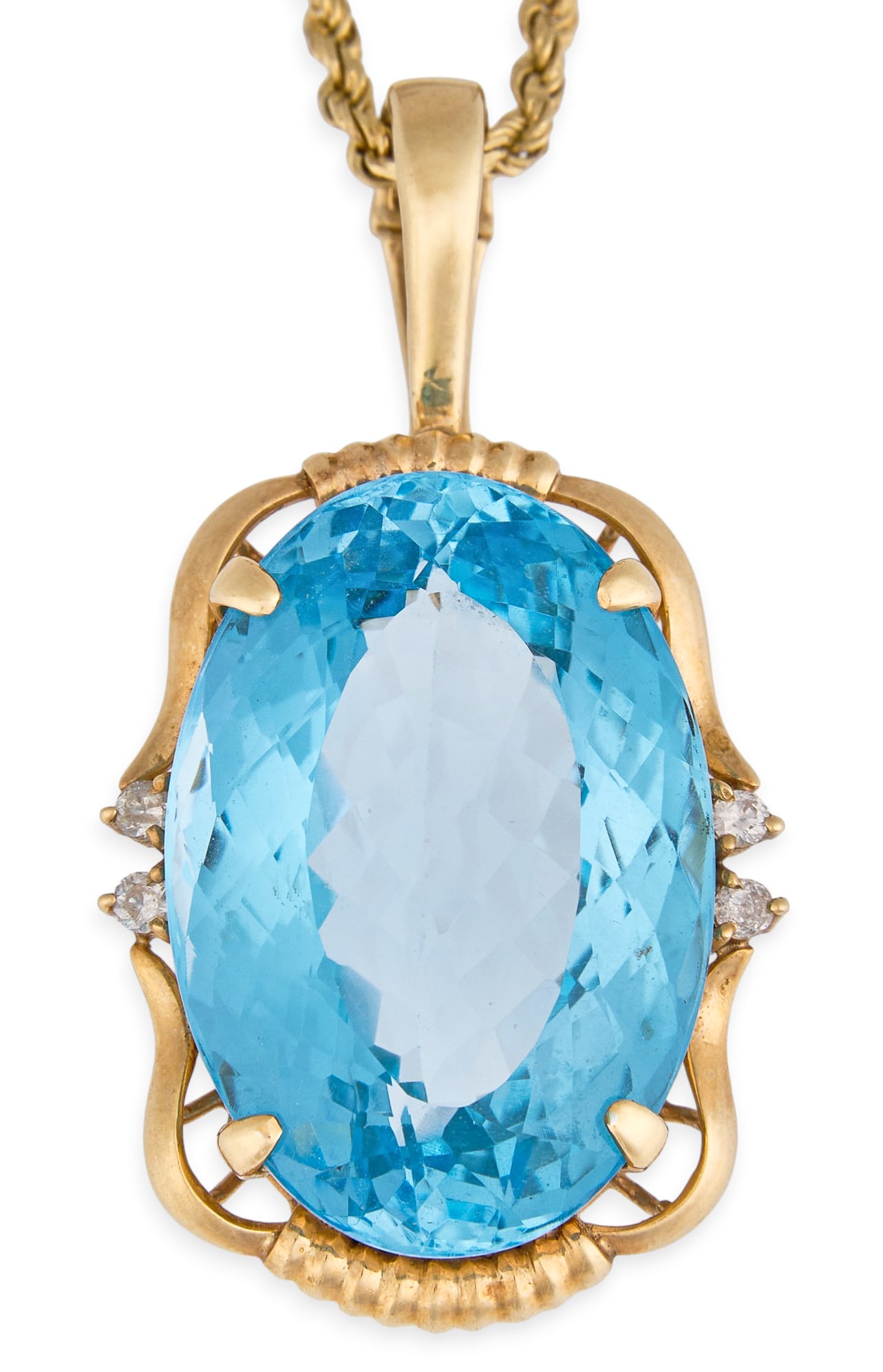 14K Blue Topaz Pendant Necklace: 14K gold pendant necklace set with large oval-cut blue topaz, accented by small round-cut diamond details, on a 14K twisted rope chain, pendant and clasp marked "14K" Length: 16 in. Tot