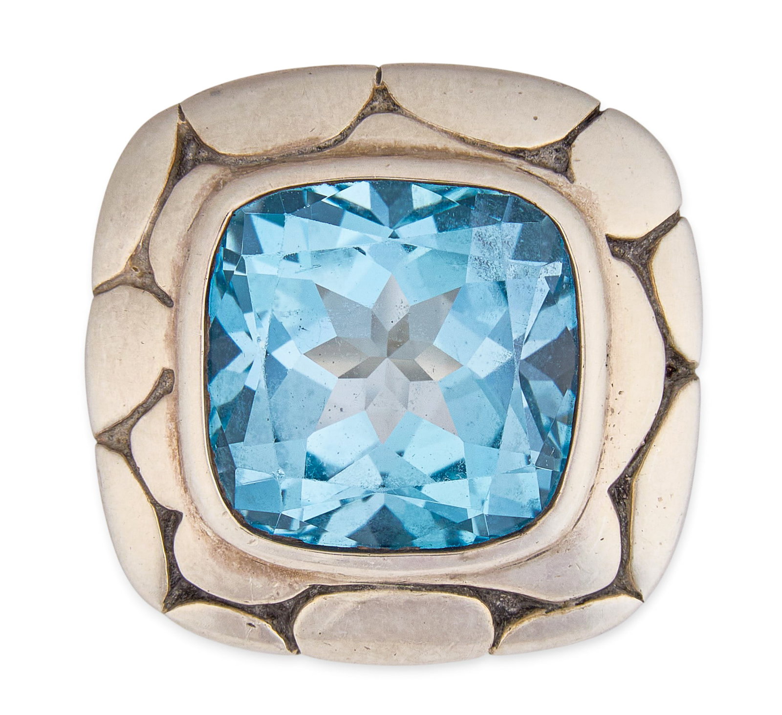 John Hardy Sterling & Blue Topaz Ring: John Hardy sterling silver ring set with faceted blue topaz stone, featuring signature textured design, marked "JH 925" Size: 8 Total weight: 17.6 g