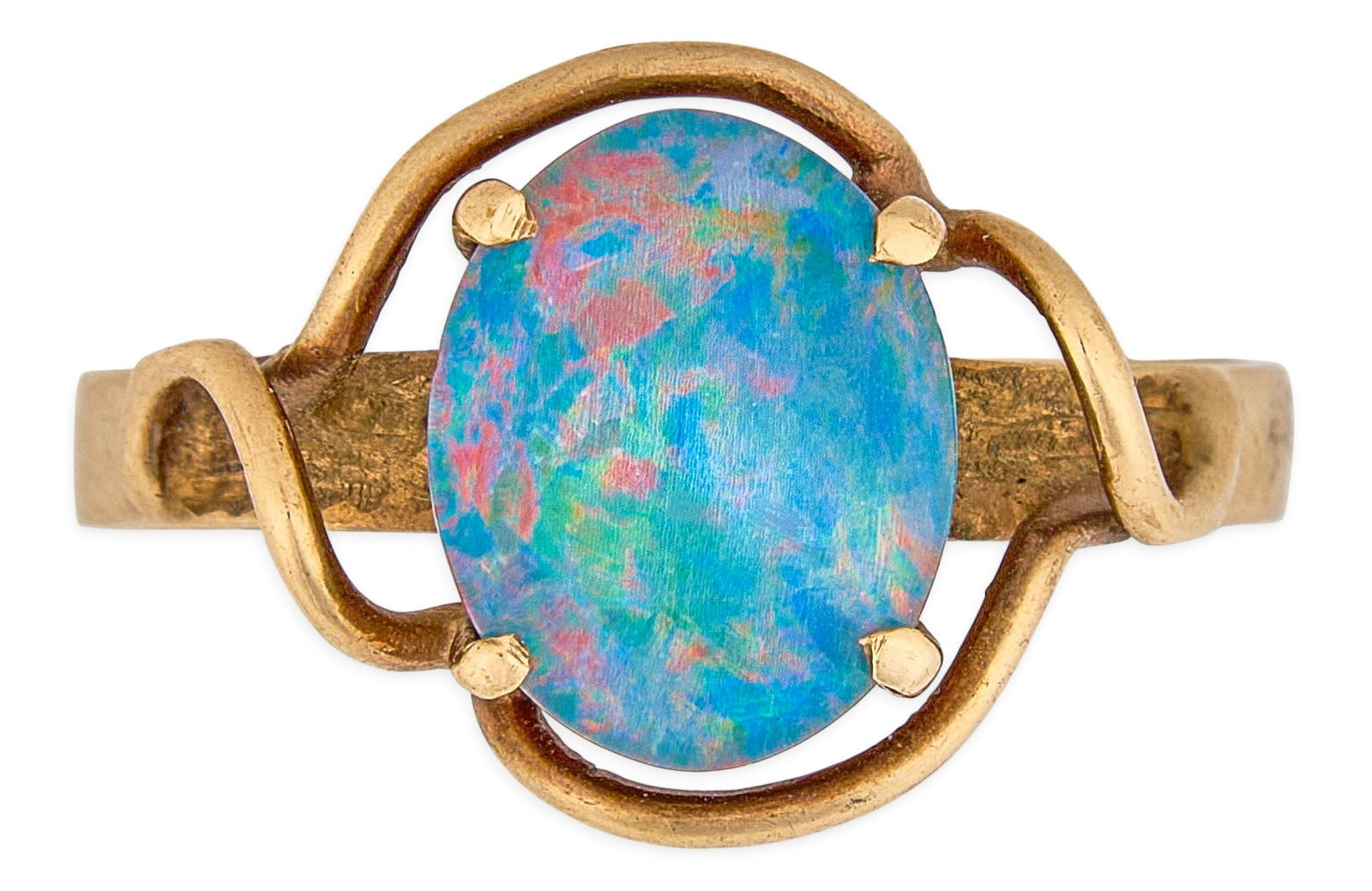 Antique 9K Opal Ring: Antique 9K gold ring set with a large opal oval cabochon, marked "9ct" Size: 7 Total weight: 2.1 g Provenan